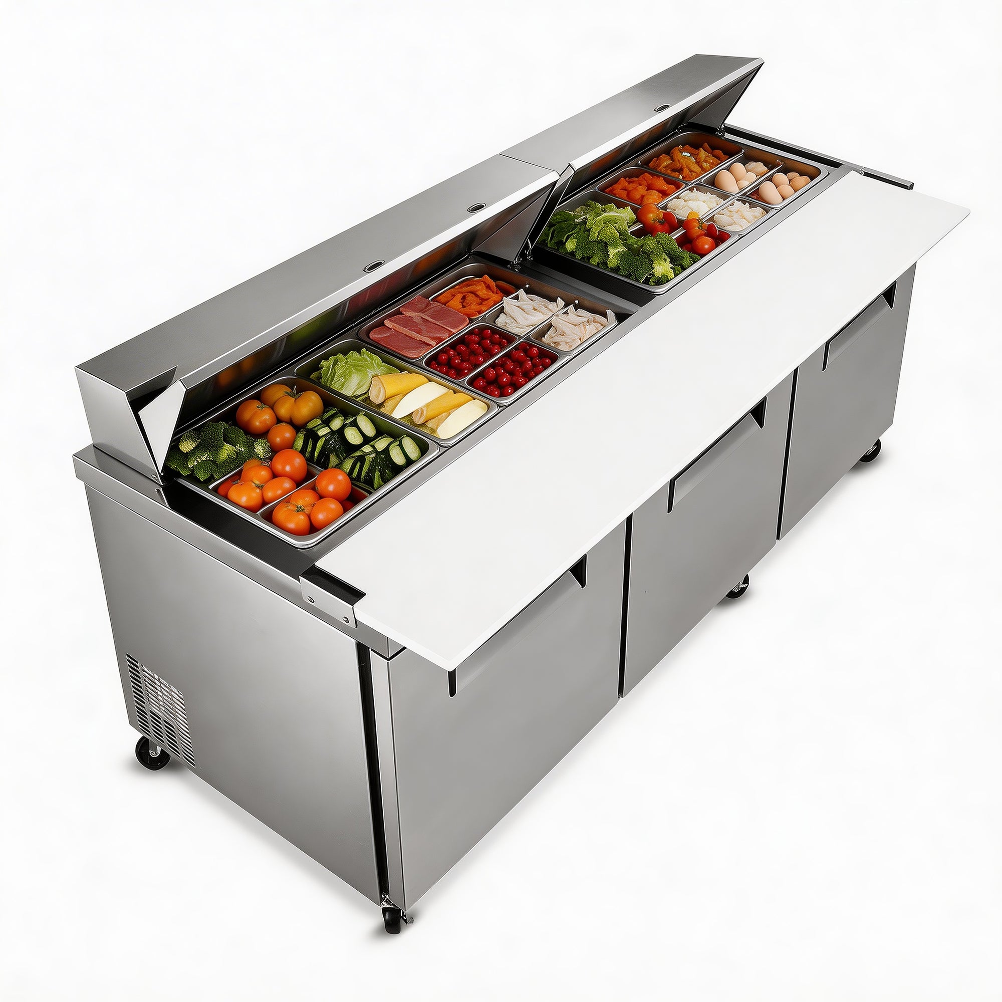WURESE 72" Commercial Refrigerated Prep Table with Butcher Block Cutting Board, Sandwich & Salad Worktable with Protective Lid, ETL Certified