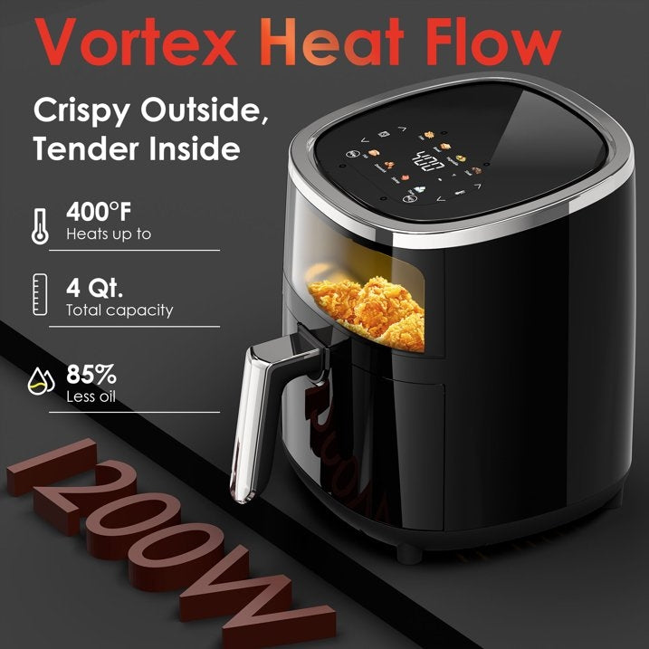 WHALLPRO Compact 4.2QT Air Fryer, 9-in-1 with Smart Digital Color Touch Screen Air Fryers, View Window,Vortex Heating Technology