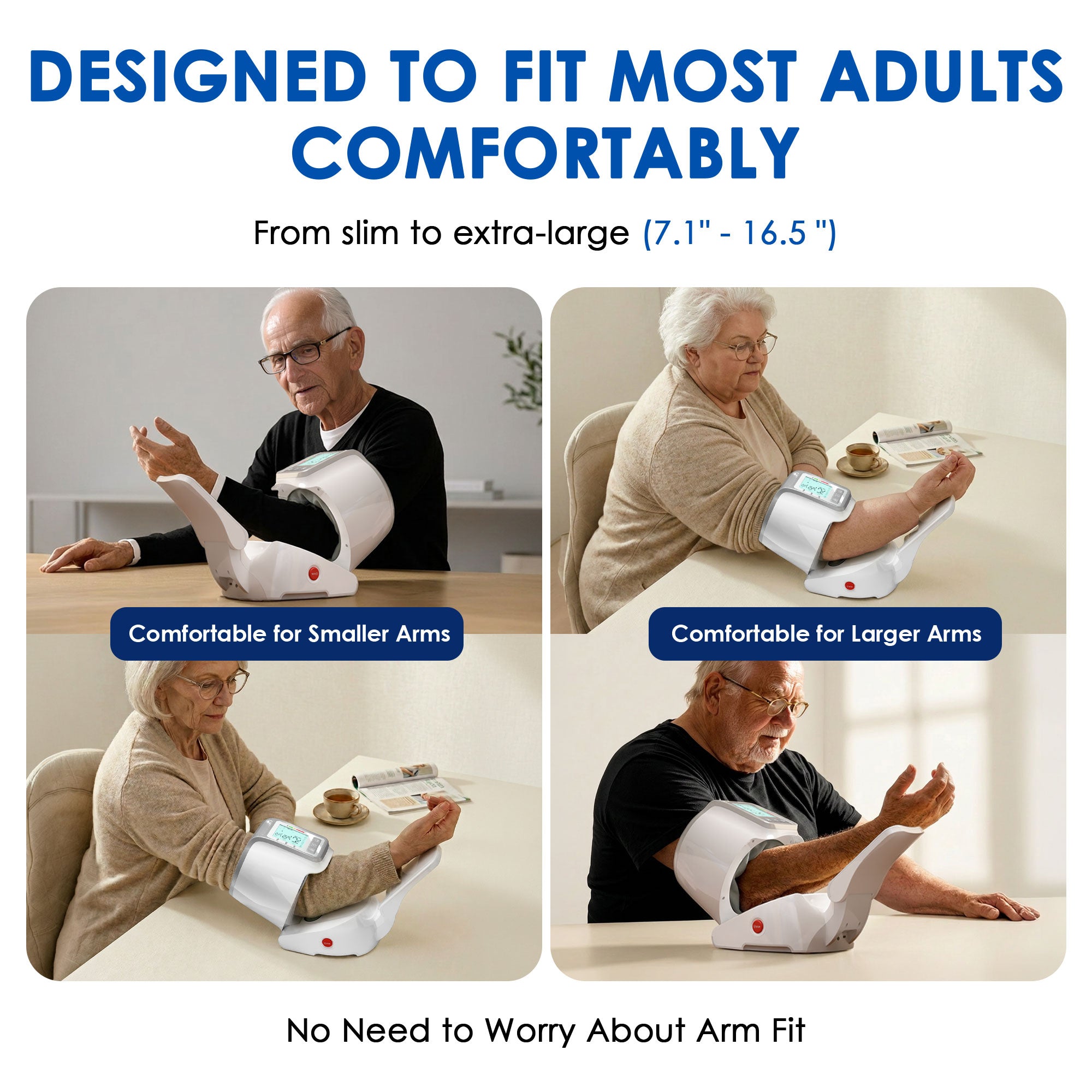 Blood Pressure Monitor Upper Arm, One-Touch Barrel Cuff 7.1"-16.5", Backlit Display & Dual User Memory, USB-C Rechargeable