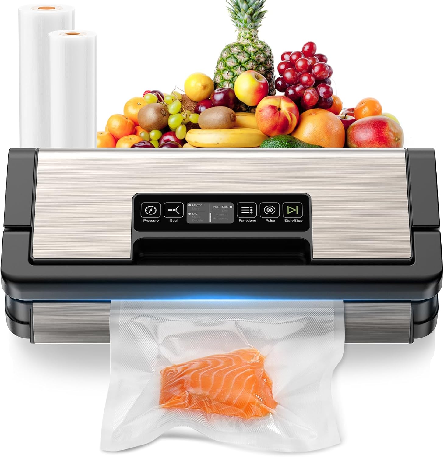 WURESE Double-Pump Vacuum Sealer, 95kPa 24L/min Suction, Versatile Modes for Dry/Moist/Delicate Foods, Built-in Cutter, LCD Touch, Bags & Hose Included