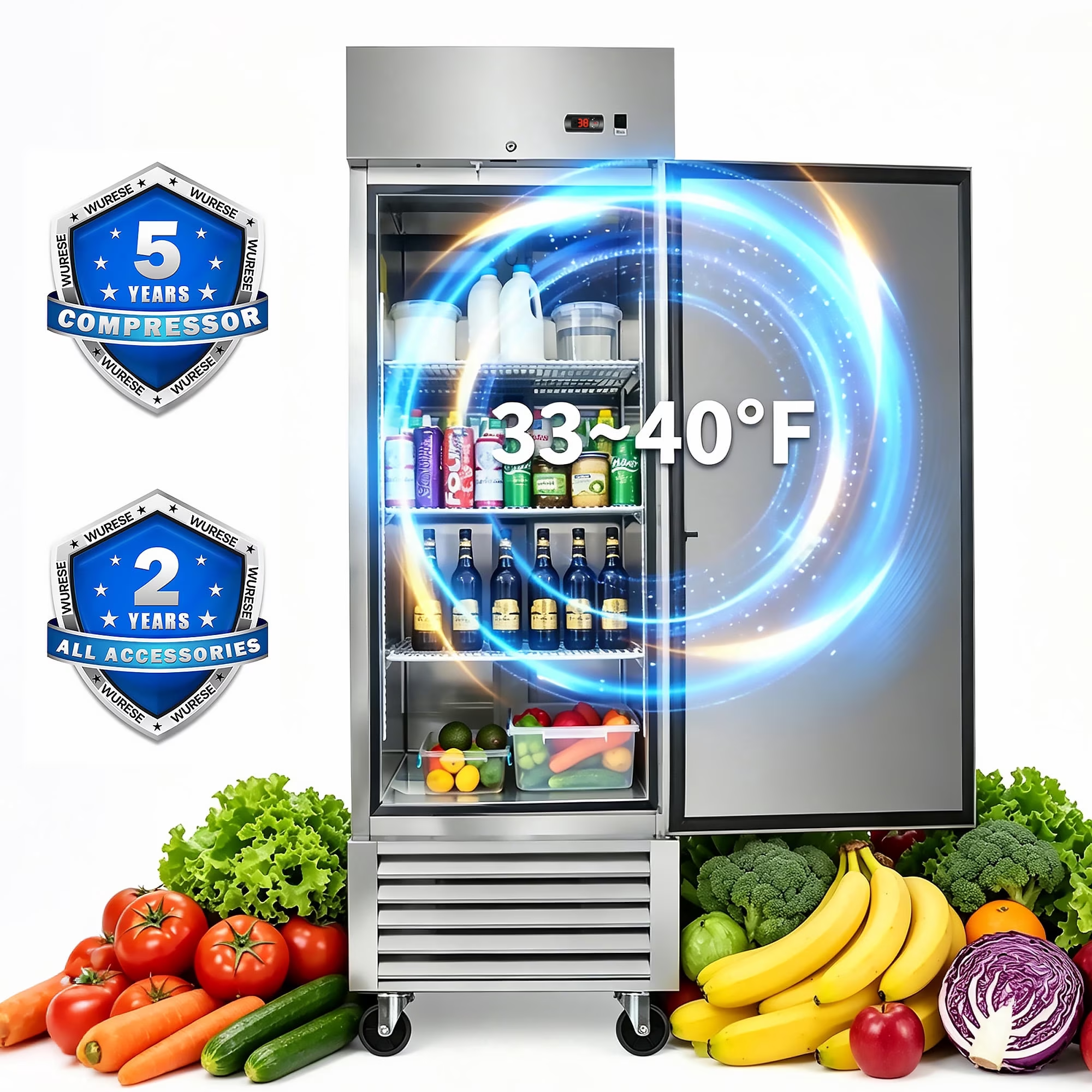 WURESE 27" Commercial Refrigerator, 23 cu.ft. 1 Solid Door Reach-In, Stainless Steel, ETL Approved, Upright Fridge for Restaurant & Kitchen Storage