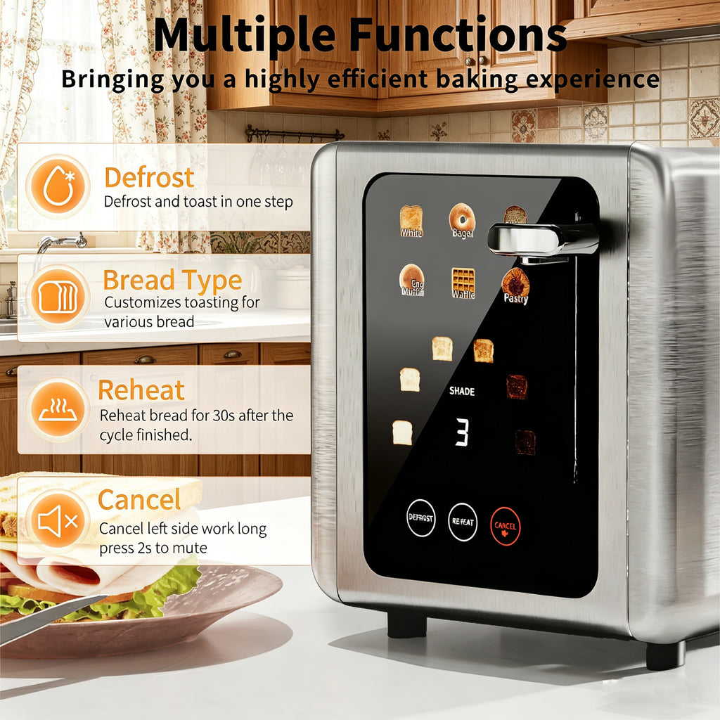 WHALLSE Toaster 2 slice, 6 Bread Shade Settings,Stainless Steel Toasters with Bagel,Cancel,Defrost Function,Removable Crumb Tray,sliver