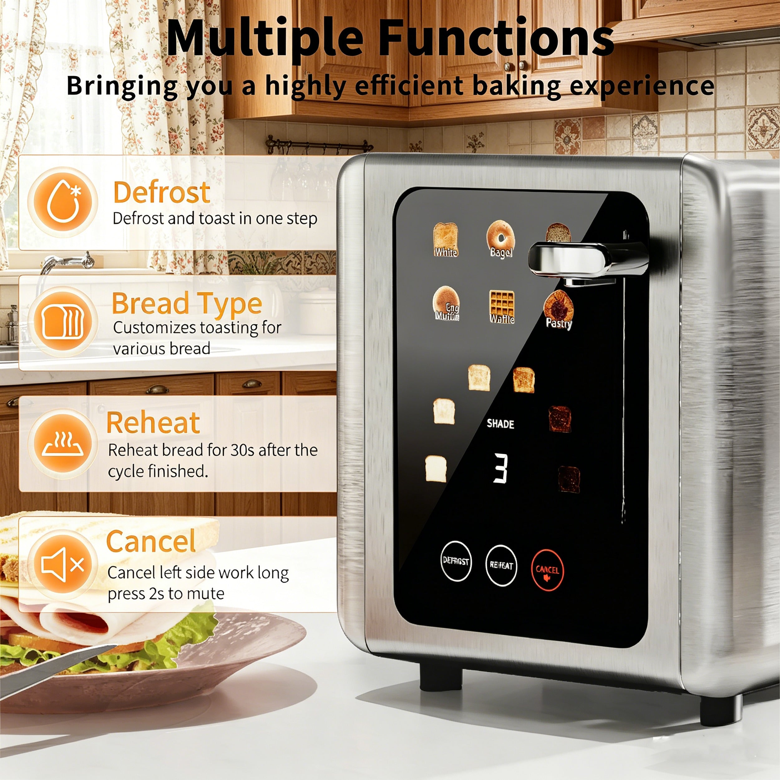 WHALLSE Toaster 2 slice, 6 Bread Shade Settings,Stainless Steel Toasters with Bagel,Cancel,Defrost Function,Removable Crumb Tray,sliver