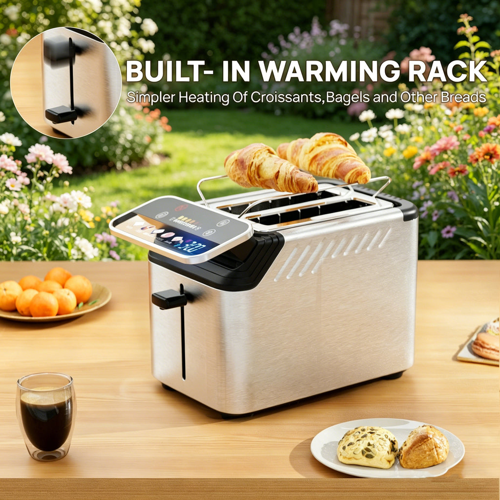 WHALLPRO Stainless Steel 2-Slice Smart Toaster with Touchscreen, Digital Timer, Extra-Wide Slots, Defrost/Reheat/Bread Type Functions, Warming Rack