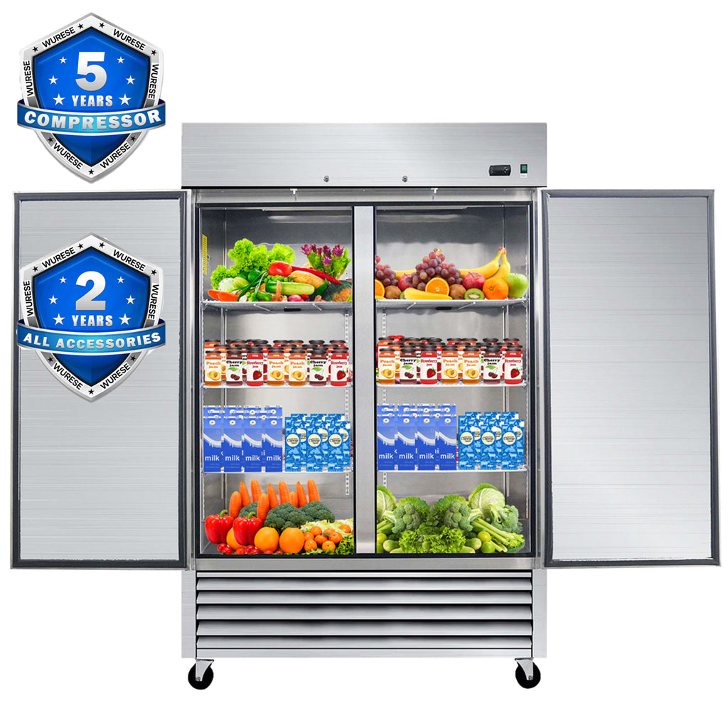 WURESE 54" Commercial Refrigerator, 49 cu.ft. 2 Solid Door Reach-In, Stainless Steel, ETL Approved, Upright Fridge for Restaurant & Kitchen Storage