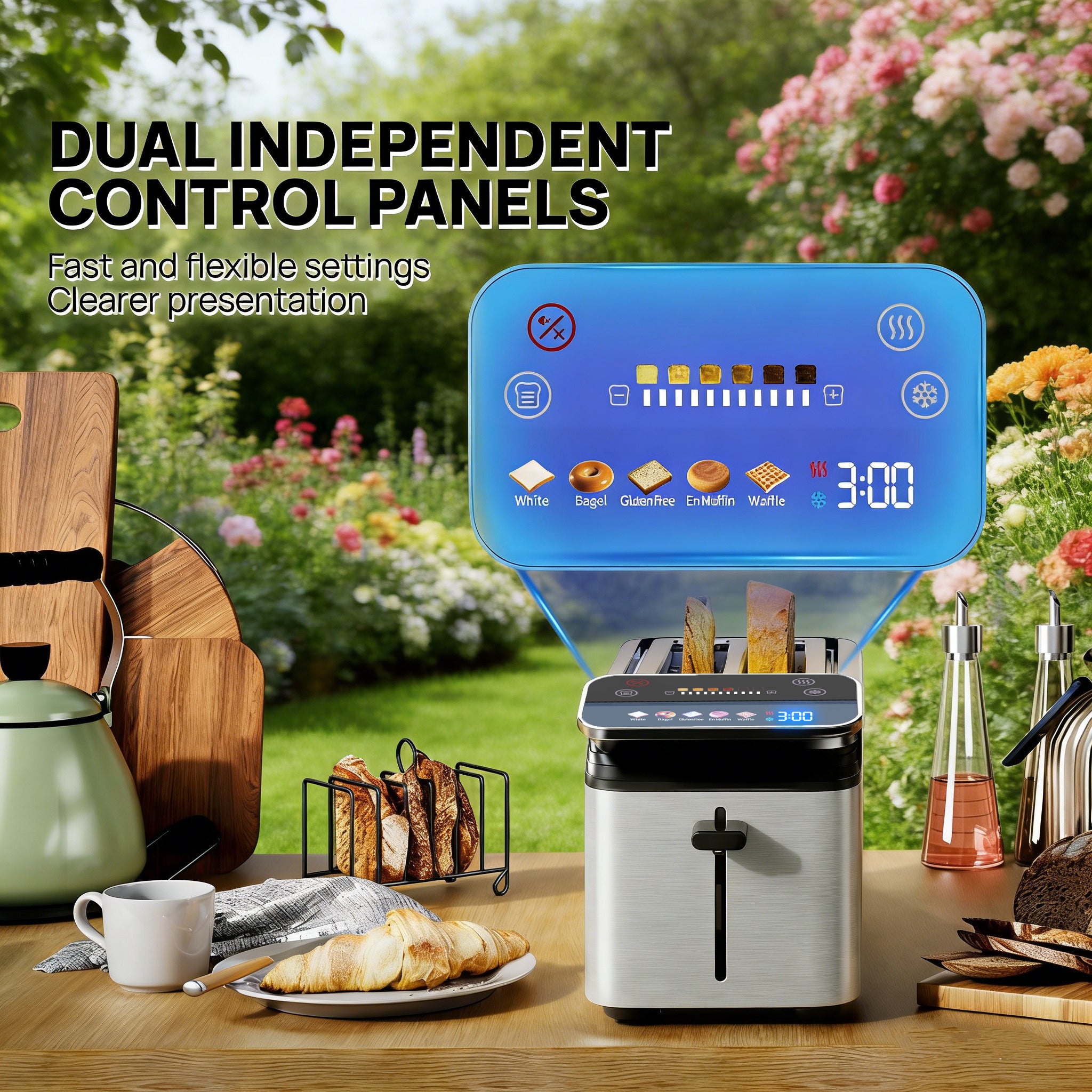 WHALLULTRA Touch Screen Long Slot Toaster 4 Slice, Projection Display 1.5" Wide Slots, 5 Bread Types & 11 Shade Settings