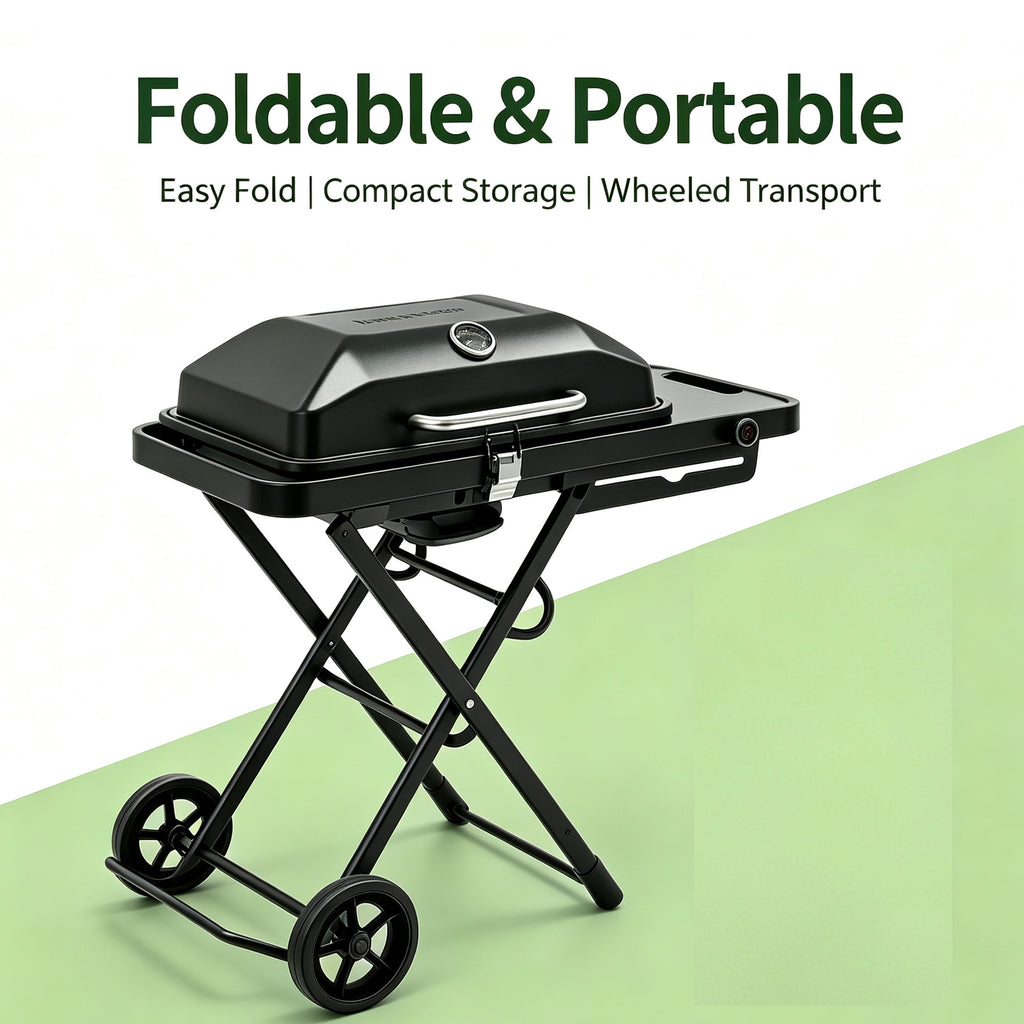 WURESE Portable Fold‑Up Gas BBQ Grill with Wheels, 3.8 kW, Large Cooking Surface for Outdoor Camping Patio Backyard