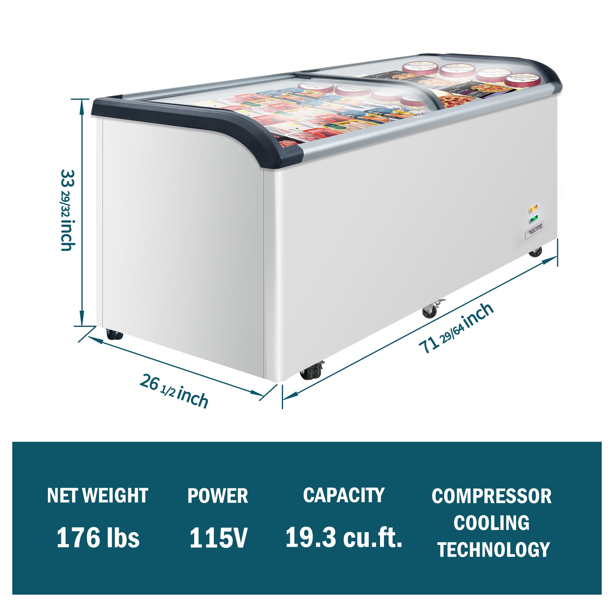 WURESE 19.3 cu. ft. Commercial Glass Top Display Freezer, Curved Glass Chest Freezer with Sliding Lid, White