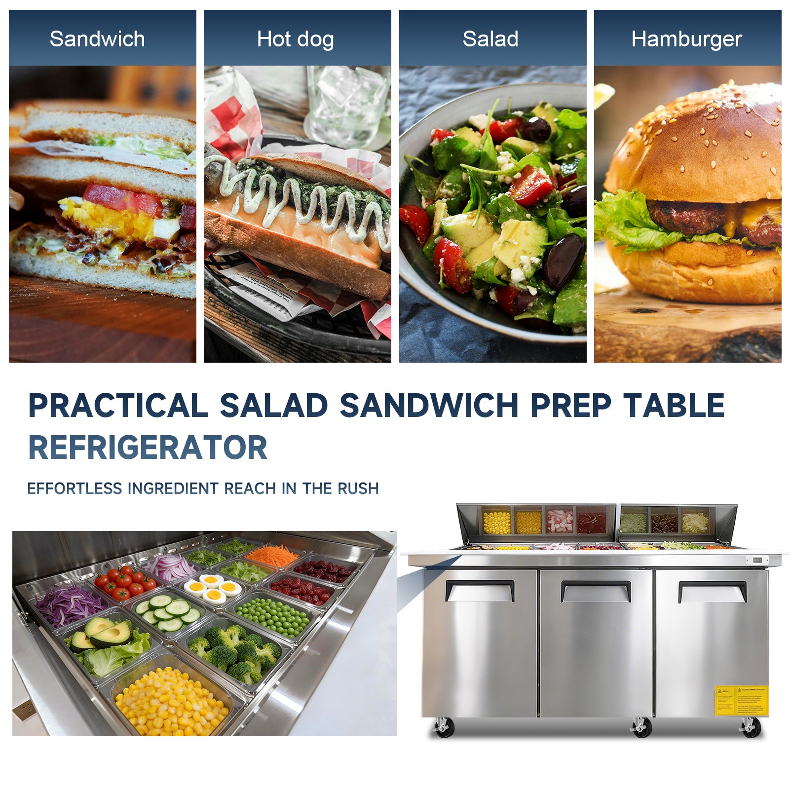 WURESE 72" Commercial Refrigerated Prep Table with Butcher Block Cutting Board, Sandwich & Salad Worktable with Protective Lid, ETL Certified