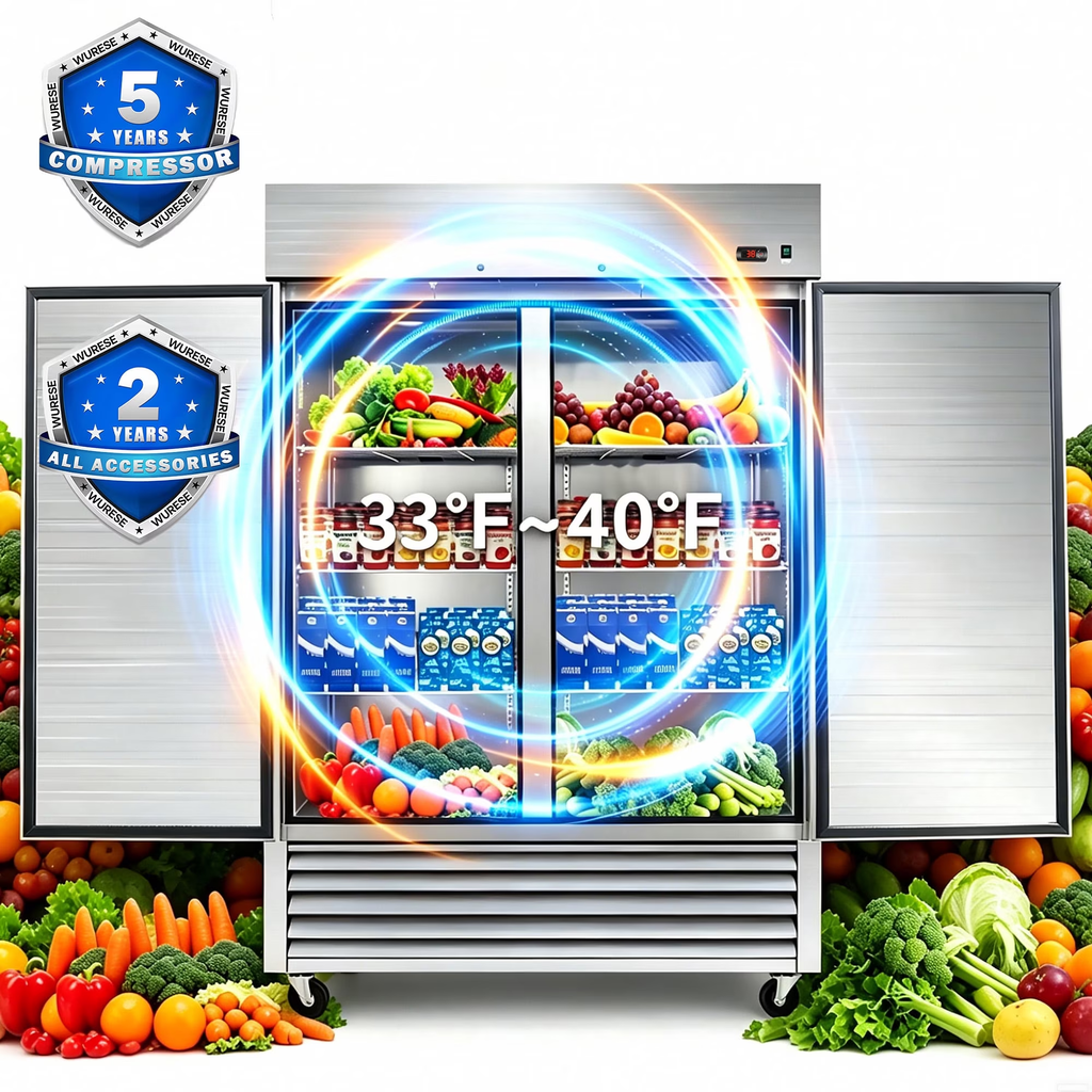 WURESE 54" Commercial Refrigerator, 49 cu.ft. 2 Solid Door Reach-In, Stainless Steel, ETL Approved, Upright Fridge for Restaurant & Kitchen Storage