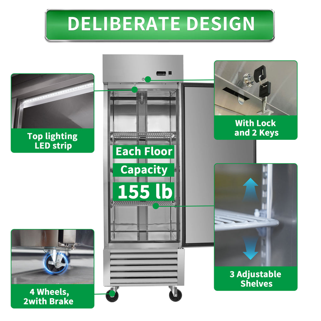 WURESE 27" Commercial Refrigerator, 23 cu.ft. 1 Solid Door Reach-In, Stainless Steel, ETL Approved, Upright Fridge for Restaurant & Kitchen Storage