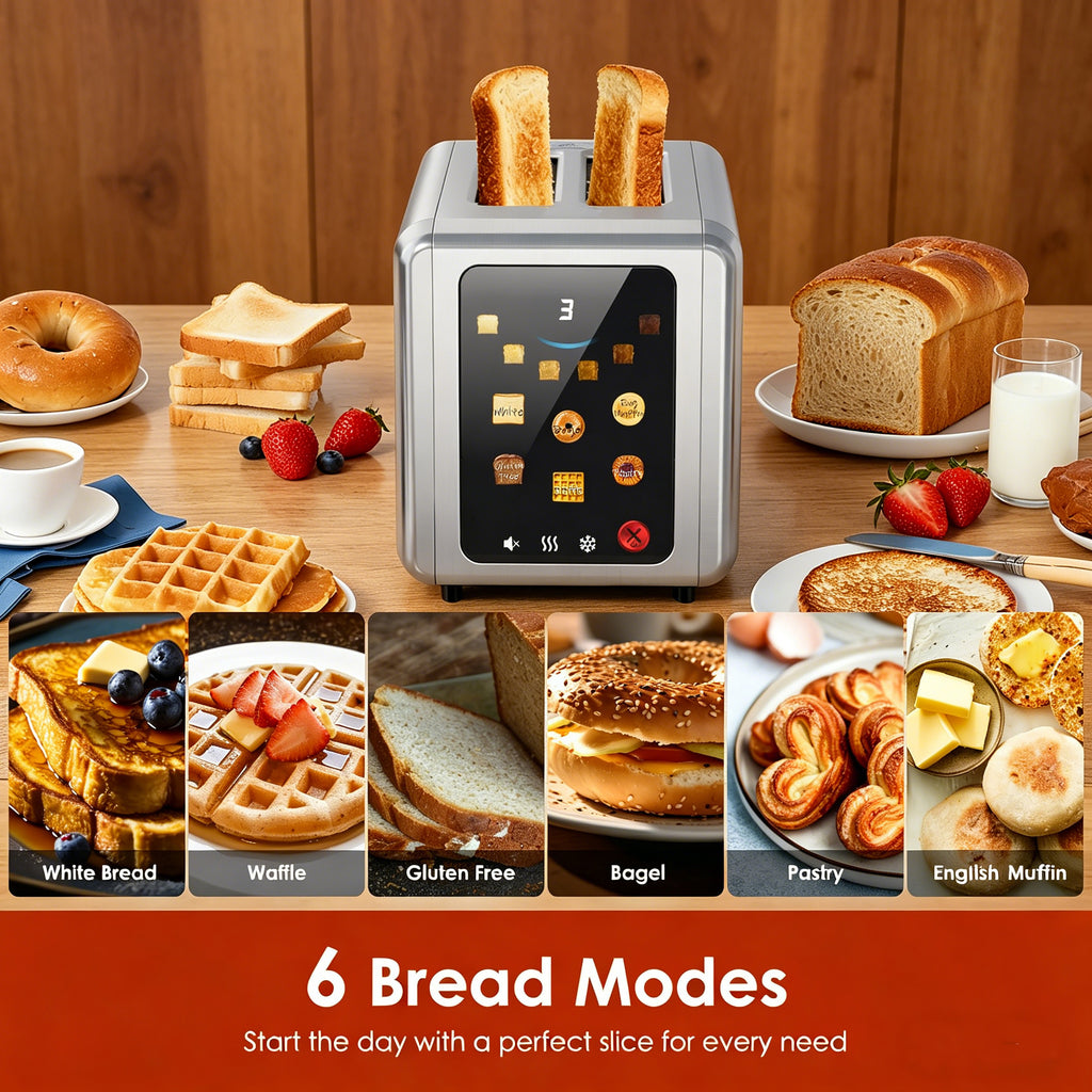 WHALLSE Touch Screen Toaster 2 Slice, 1.5'' Wide Slot Stainless Steel Toasters with Digital Timer, 6 Bread Types & 6 Shade Settings, Crumb Tray