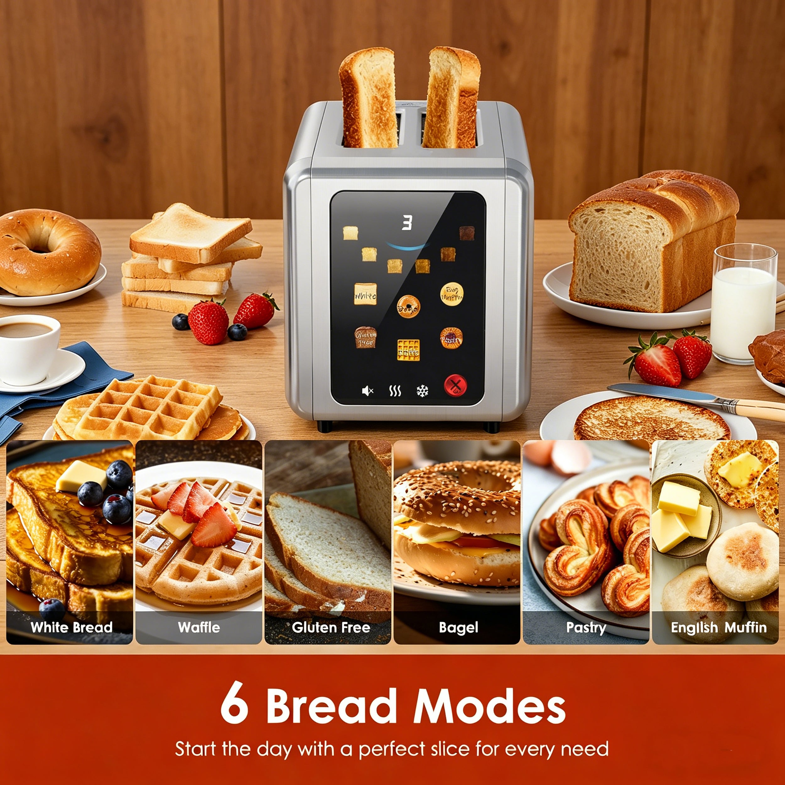 WHALLSE Touch Screen Toaster 2 Slice, 1.5'' Wide Slot Stainless Steel Toasters with Digital Timer, 6 Bread Types & 6 Shade Settings, Crumb Tray