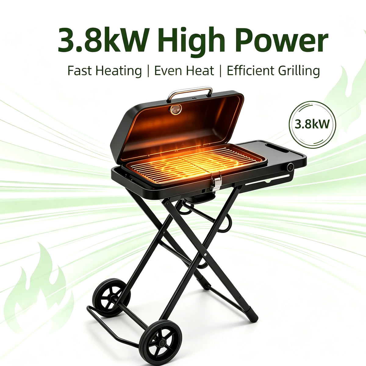 WURESE Portable Fold‑Up Gas BBQ Grill with Wheels, 3.8 kW, Large Cooking Surface for Outdoor Camping Patio Backyard