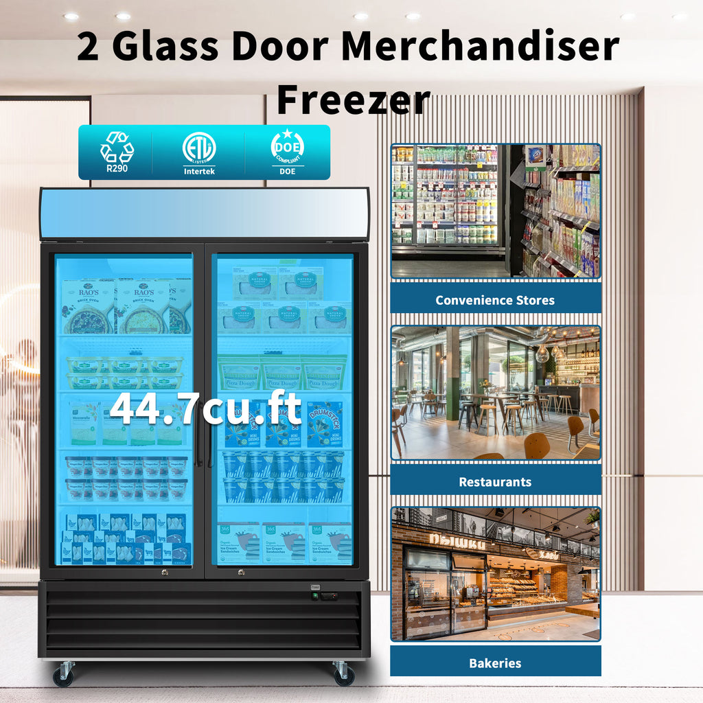 WURESE Glass Door Merchandiser Freezer 44.7 Cu.ft Swing Door Commercial Reach-In Display Freezers with LED Top Panel Upright Freeze Storage