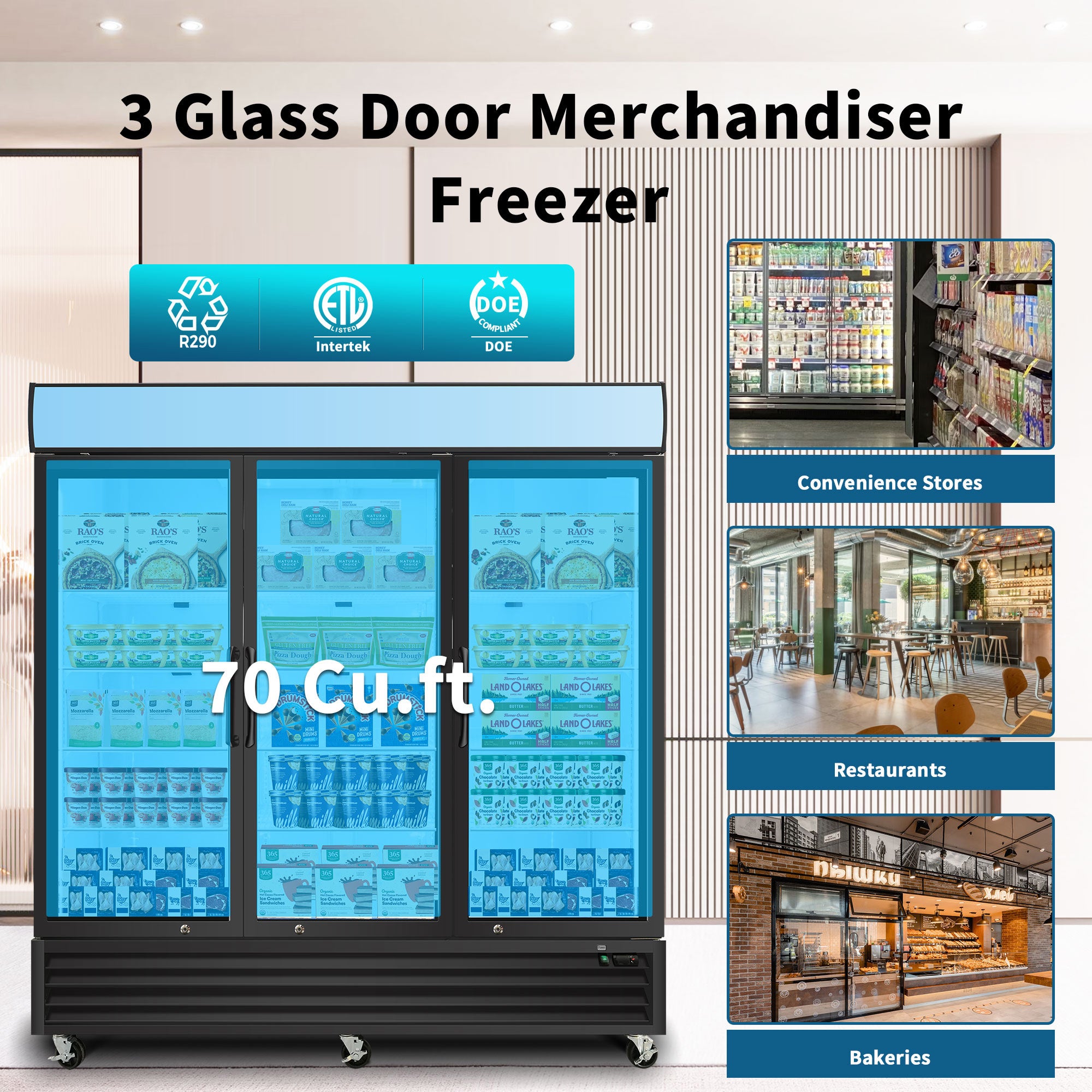 WURESE Glass Door Merchandiser Freezer 70 Cu.ft Swing Door Commercial Reach-In Display Freezers with LED Top Panel Upright Freeze Storage