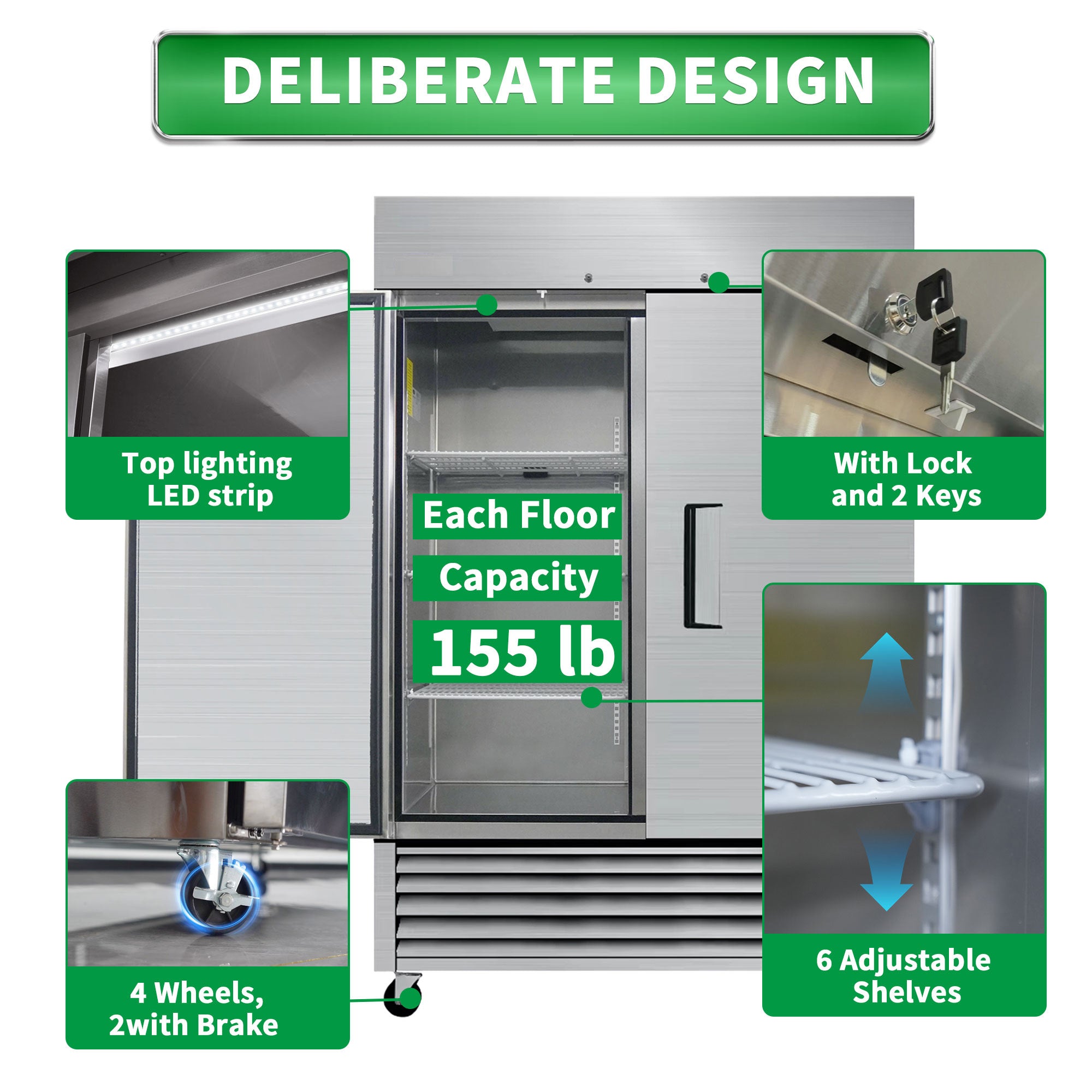 WURESE 54" Commercial Refrigerator, 49 cu.ft. 2 Solid Door Reach-In, Stainless Steel, ETL Approved, Upright Fridge for Restaurant & Kitchen Storage