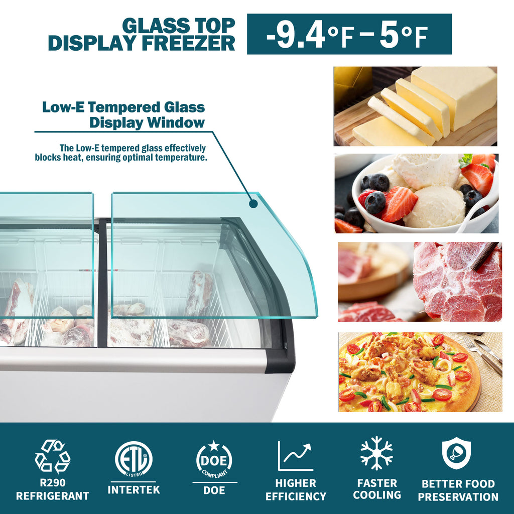 WURESE Curved Top Display Freezer, 4.6 Cu.ft, Sliding Glass Lid, Commercial Chest Freezer, White
