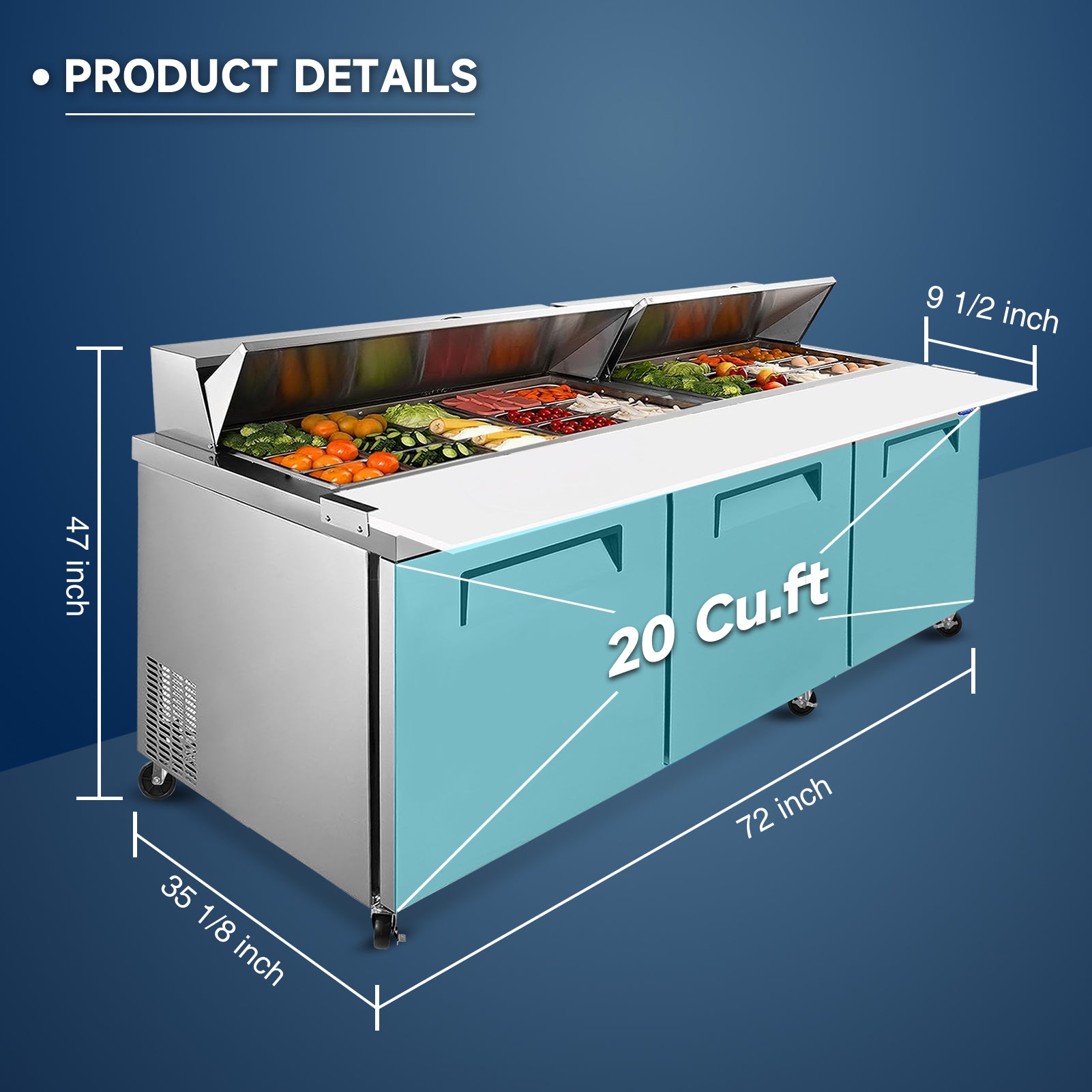 WURESE 72" Commercial Refrigerated Prep Table with Butcher Block Cutting Board, Sandwich & Salad Worktable with Protective Lid, gray