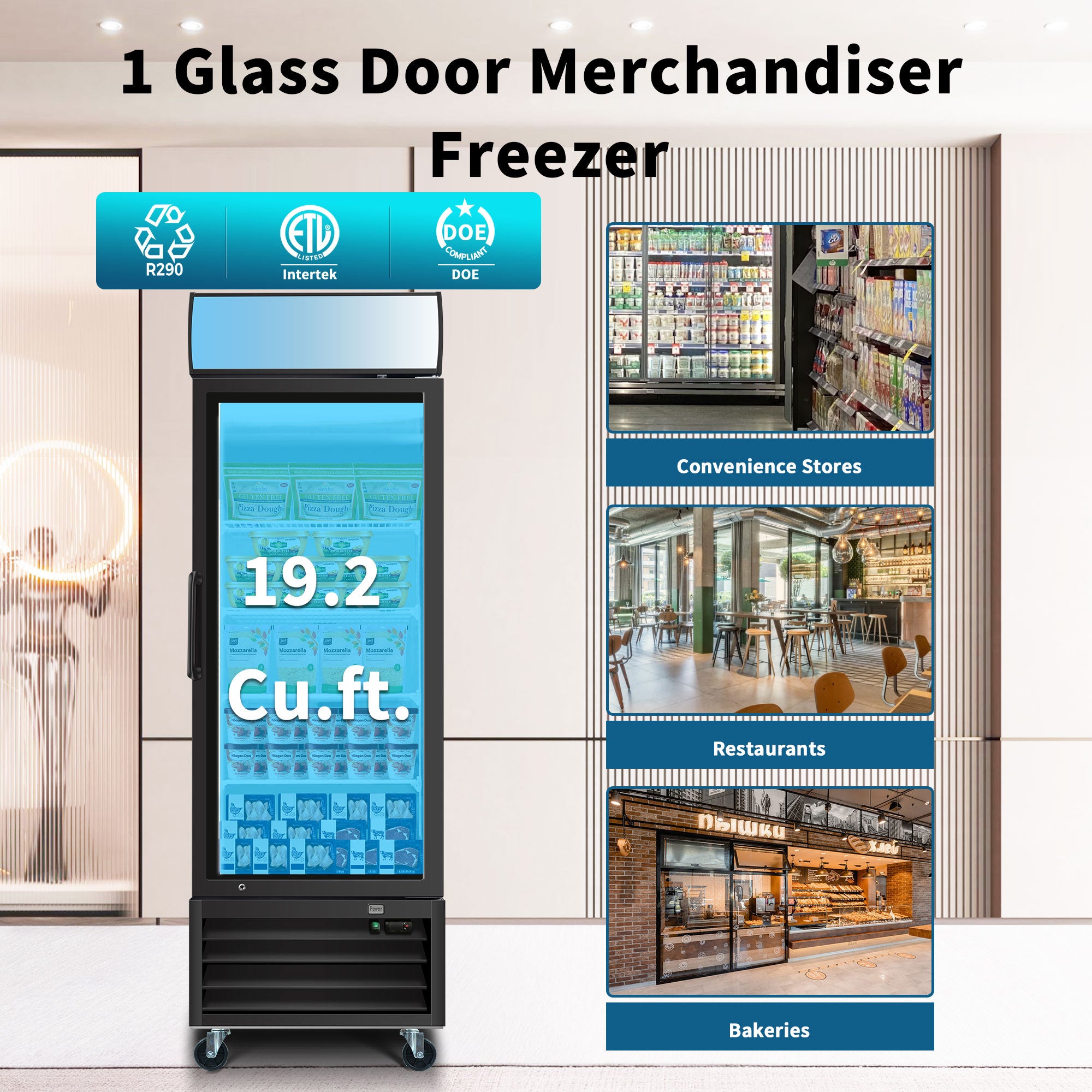 WURESE Glass Door Merchandiser Freezer 19.3 Cu.ft Swing Door Commercial Reach-In Display Freezers with LED Top Panel Upright Freeze Storage, gray