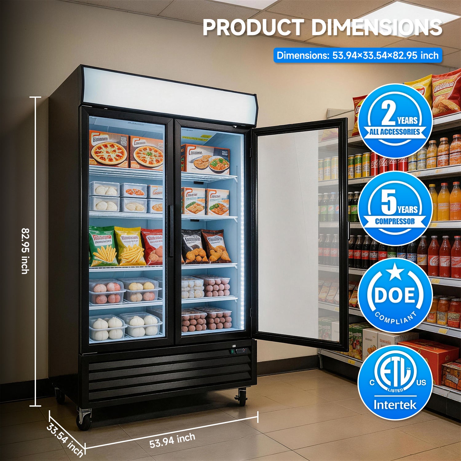 WURESE 44.7 cu.ft. Glass Door Merchandiser Freezer, Commercial Reach-In Swing Door Display Freezer with LED Lighting, Upright Freezer