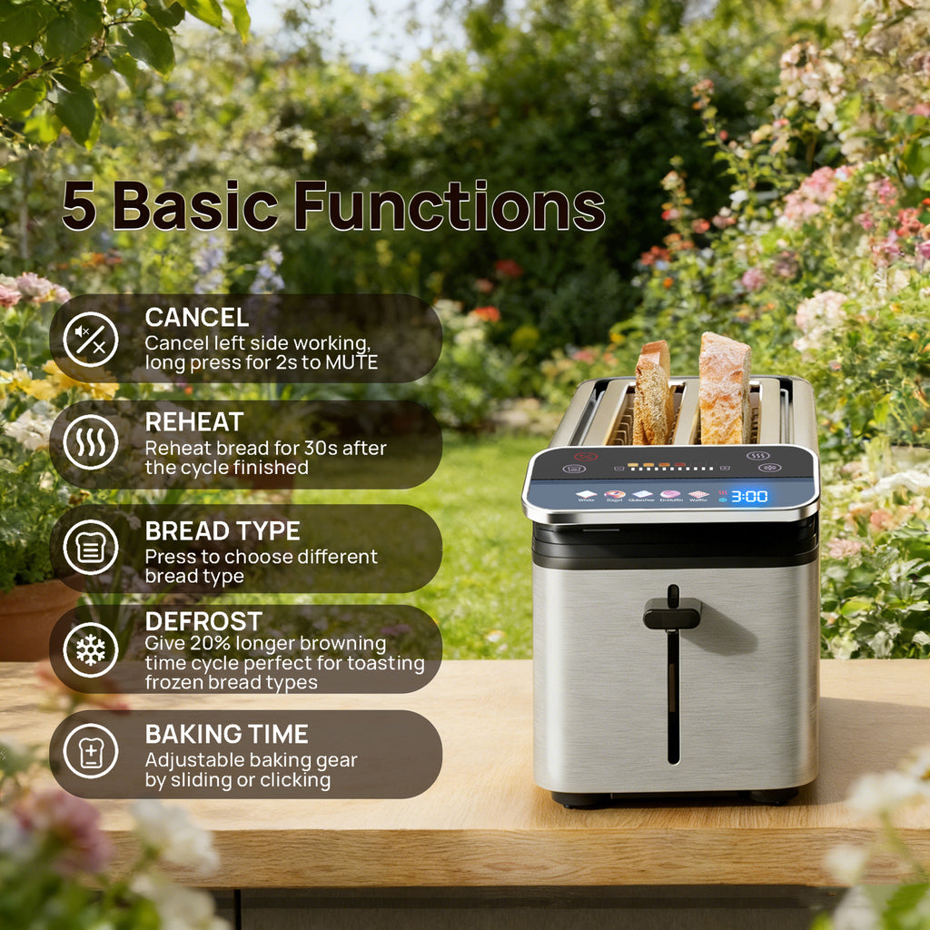 WHALLULTRA Touch Screen Long Slot Toaster 4 Slice, Projection Display 1.5" Wide Slots, 5 Bread Types & 11 Shade Settings