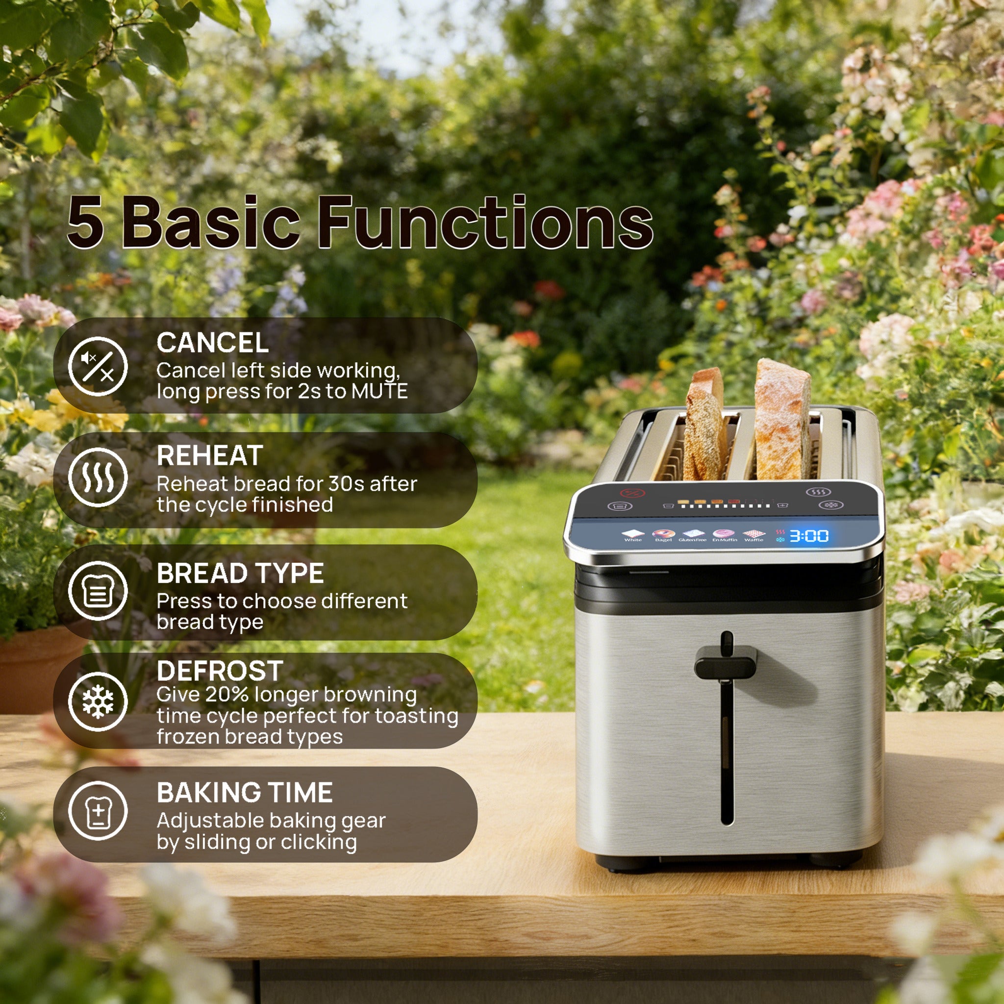 WHALLULTRA Touch Screen Long Slot Toaster 4 Slice, Projection Display 1.5" Wide Slots, 5 Bread Types & 11 Shade Settings