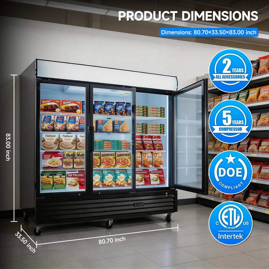 WURESE 70 cu. ft. Glass Door Merchandiser Freezer, Commercial Reach-In Swing Door Display Freezer with LED Lighting, Upright Freezer