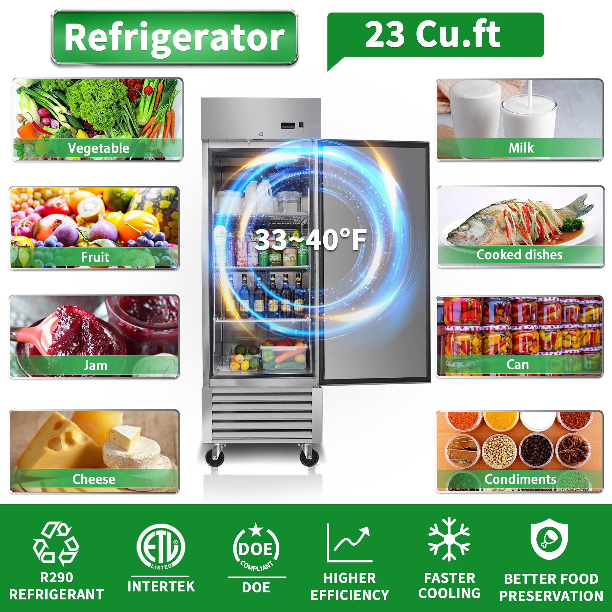 WURESE 27" Commercial Refrigerator, 23 cu.ft. 1 Solid Door Reach-In, Stainless Steel, ETL Approved, Upright Fridge for Restaurant & Kitchen Storage