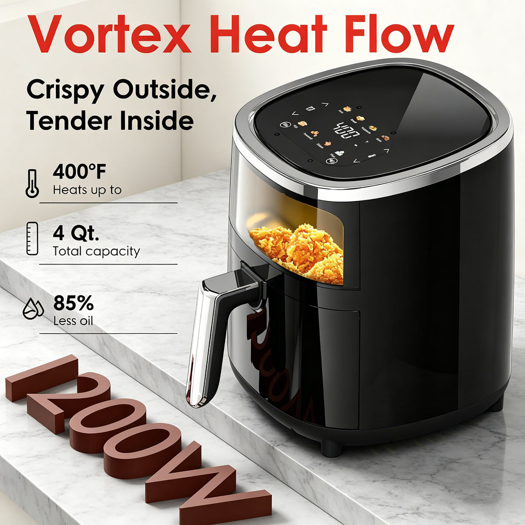 WURESE Compact Air Fryer, Touchscreen Smart Digital Color 4QT Air Fryers with View Window, 12 Presets, Air Fry, Bake, Broil, Dehydrate, Roast, Reheat - Black