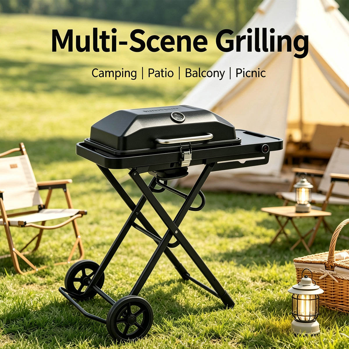 WURESE Portable Fold‑Up Gas BBQ Grill with Wheels, 3.8 kW, Large Cooking Surface for Outdoor Camping Patio Backyard