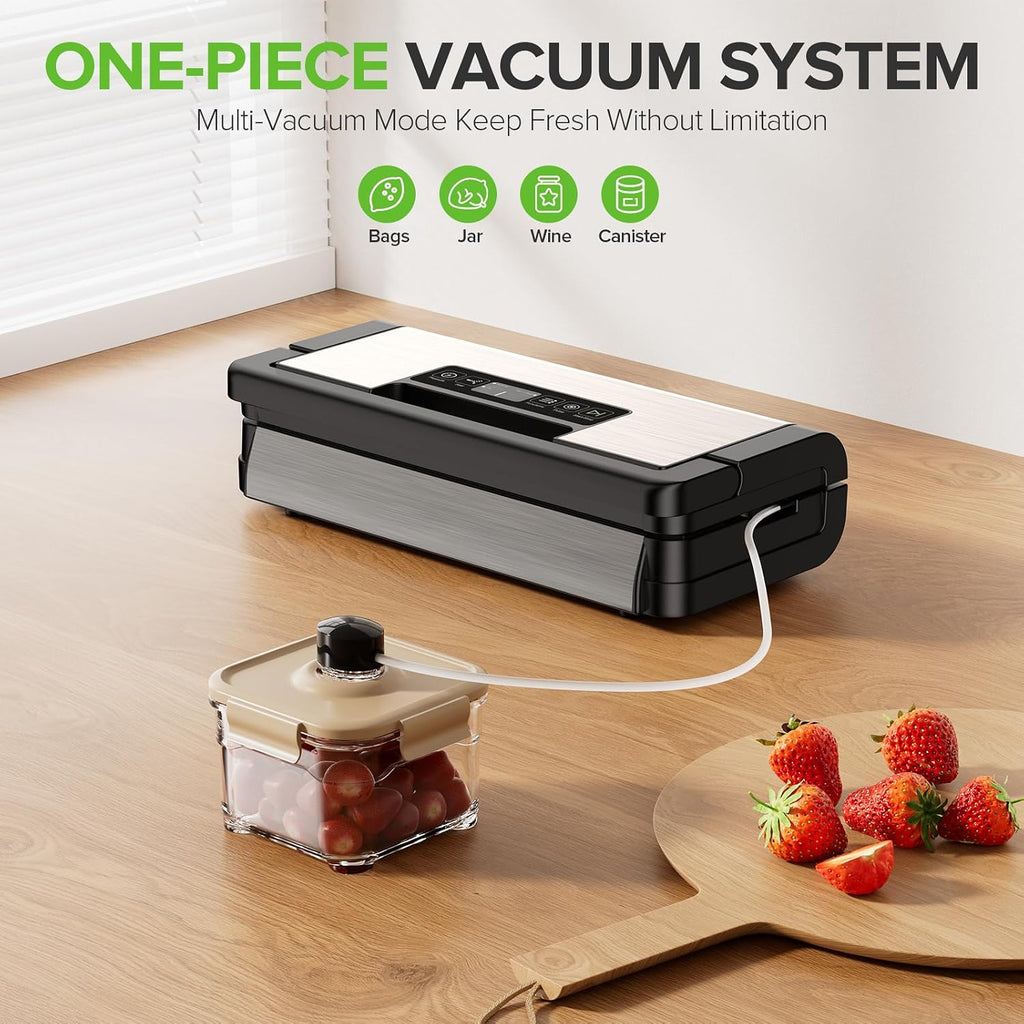 WURESE Double-Pump Vacuum Sealer, 95kPa 24L/min Suction, Versatile Modes for Dry/Moist/Delicate Foods, Built-in Cutter, LCD Touch, Bags & Hose Included
