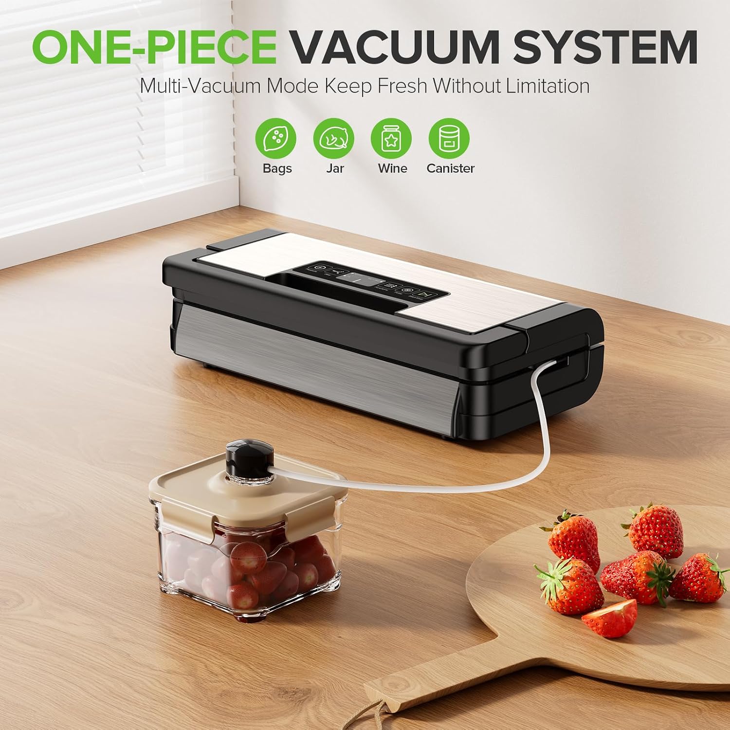 WURESE Double-Pump Vacuum Sealer, 95kPa 24L/min Suction, Versatile Modes for Dry/Moist/Delicate Foods, Built-in Cutter, LCD Touch, Bags & Hose Included