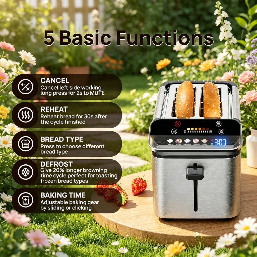 WHALLPRO Stainless Steel 2-Slice Smart Toaster with Touchscreen, Digital Timer, Extra-Wide Slots, Defrost/Reheat/Bread Type Functions, Warming Rack