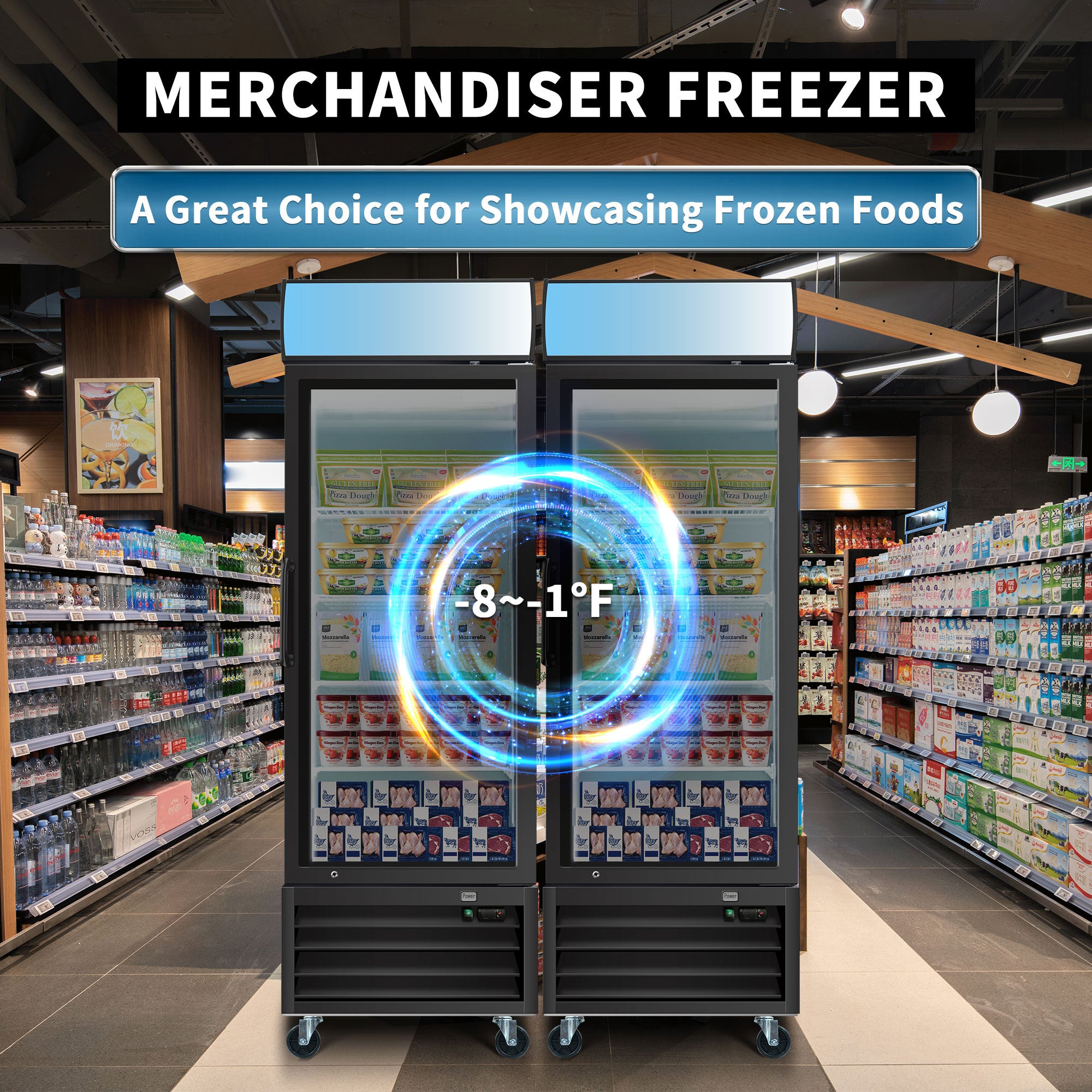 WURESE Glass Door Merchandiser Freezer 19.3 Cu.ft Swing Door Commercial Reach-In Display Freezers with LED Top Panel Upright Freeze Storage, gray