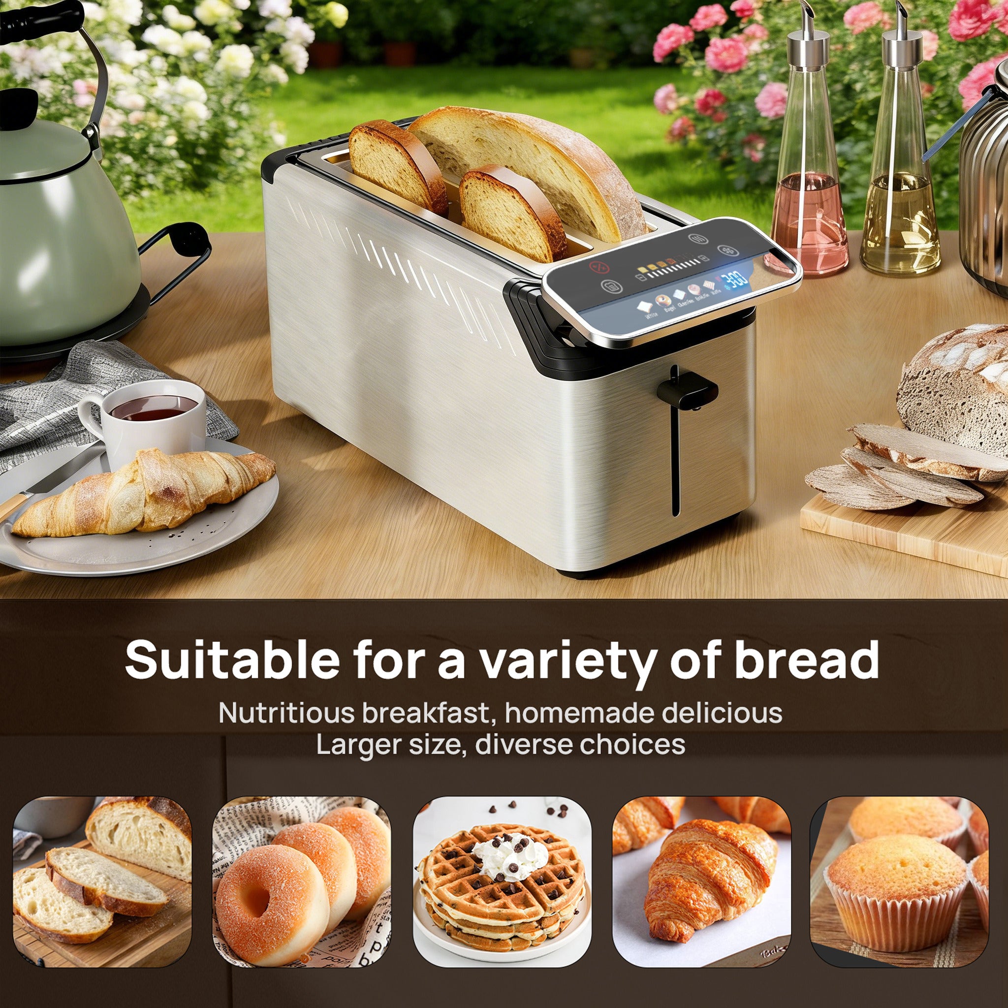 WHALLULTRA Touch Screen Long Slot Toaster 4 Slice, Projection Display 1.5" Wide Slots, 5 Bread Types & 11 Shade Settings