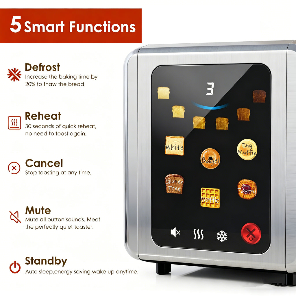 WHALLSE Touch Screen Toaster 2 Slice, 1.5'' Wide Slot Stainless Steel Toasters with Digital Timer, 6 Bread Types & 6 Shade Settings, Crumb Tray