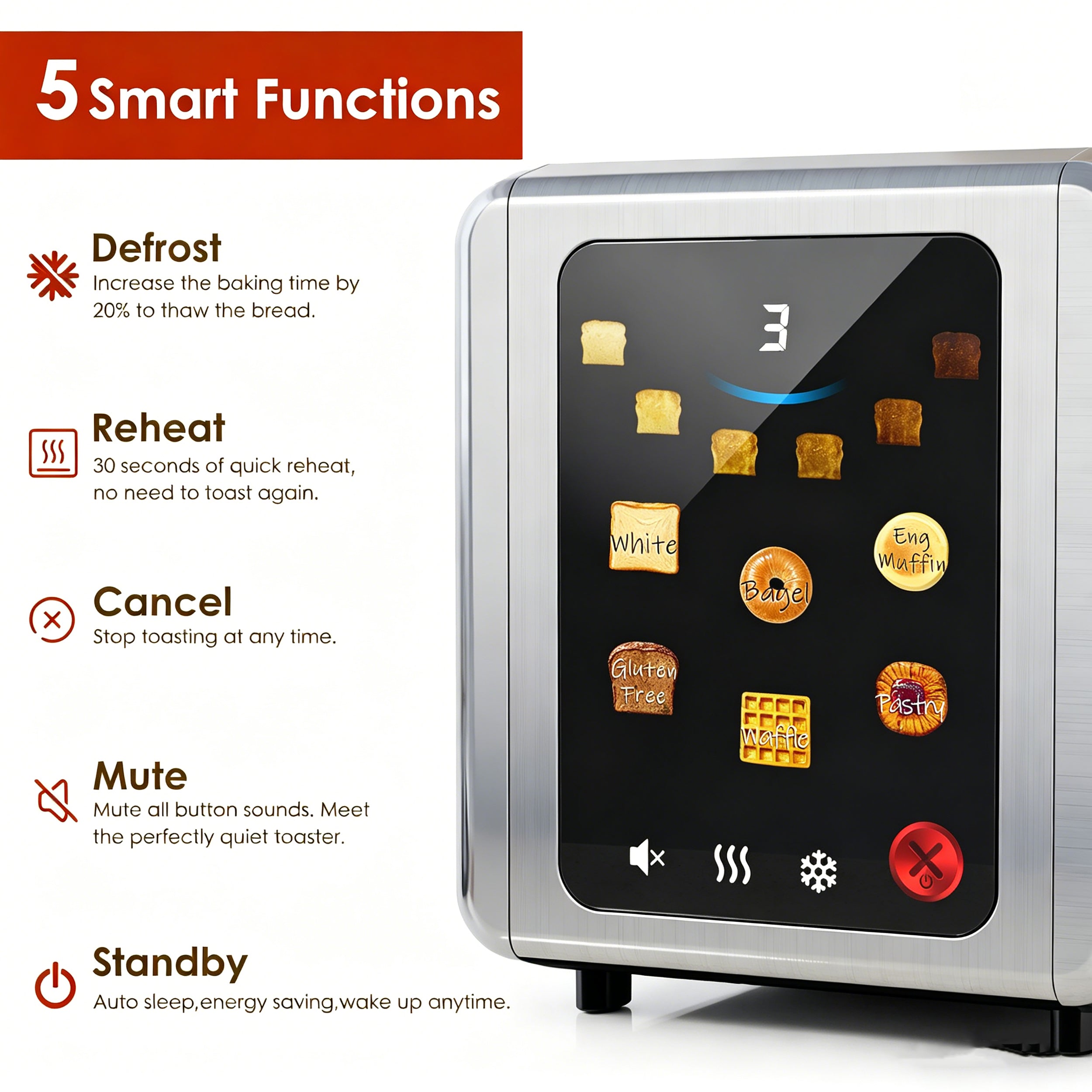 WHALLSE Touch Screen Toaster 2 Slice, 1.5'' Wide Slot Stainless Steel Toasters with Digital Timer, 6 Bread Types & 6 Shade Settings, Crumb Tray