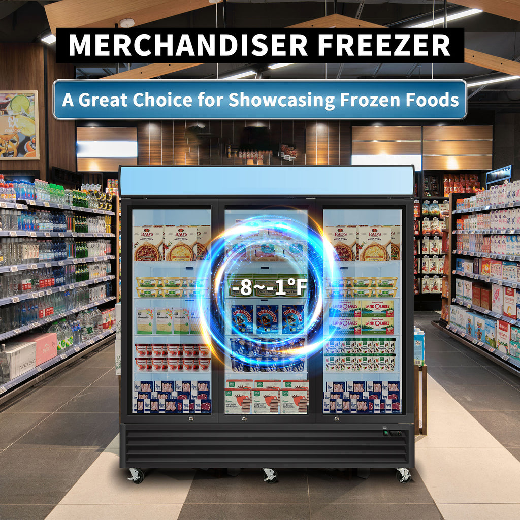 WURESE Glass Door Merchandiser Freezer 70 Cu.ft Swing Door Commercial Reach-In Display Freezers with LED Top Panel Upright Freeze Storage