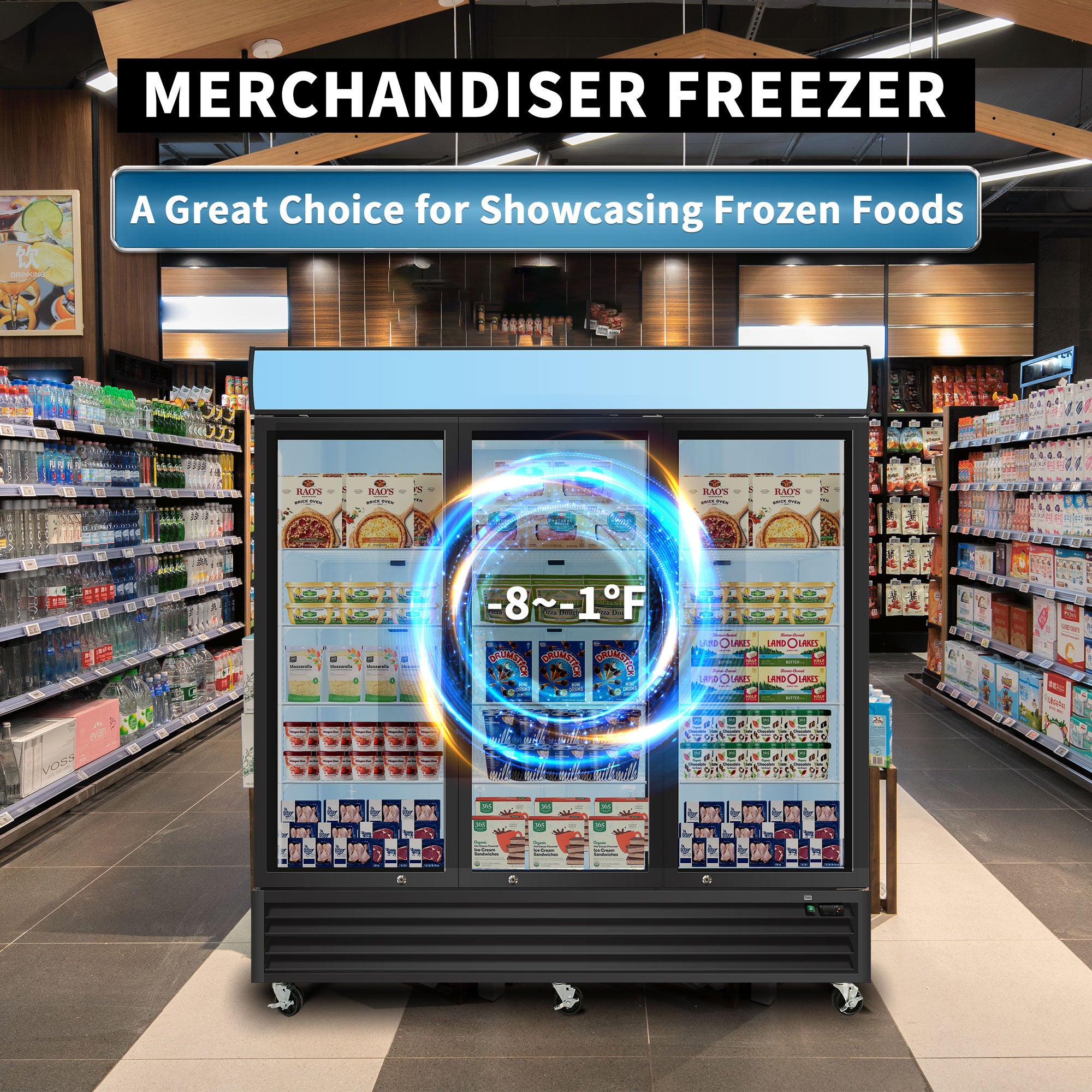 WURESE Glass Door Merchandiser Freezer 70 Cu.ft Swing Door Commercial Reach-In Display Freezers with LED Top Panel Upright Freeze Storage