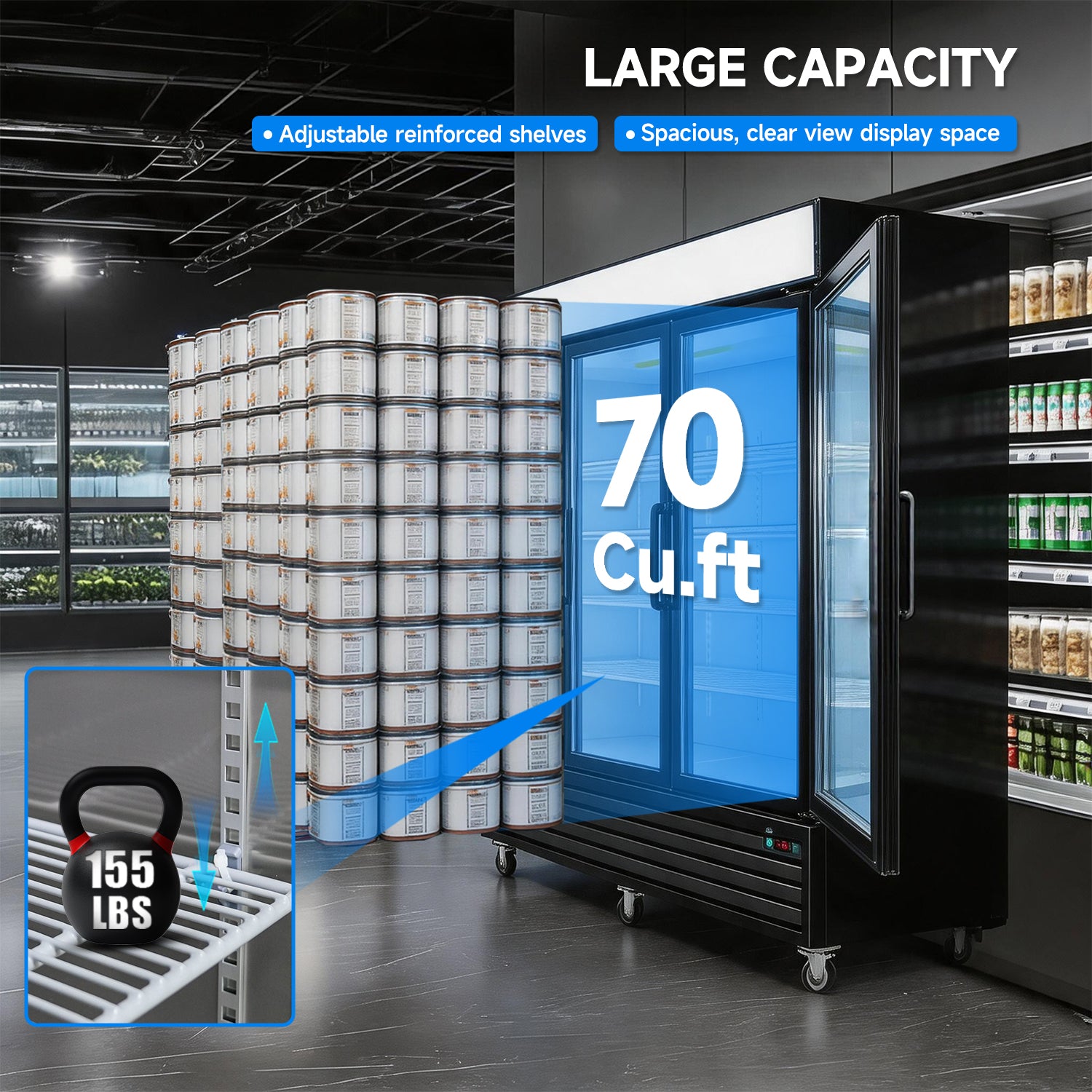 WURESE 70 cu. ft. Glass Door Merchandiser Freezer, Commercial Reach-In Swing Door Display Freezer with LED Lighting, Upright Freezer
