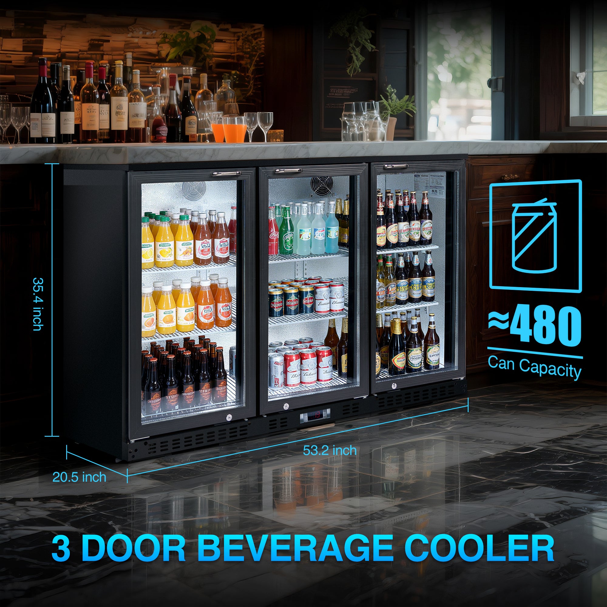 WURESE Beverage Refrigerator 11.3 Cu.Ft 3 Glass Door, 480 Cans Commercial Display Bar Fridge for Beer Wine and Drink, Black