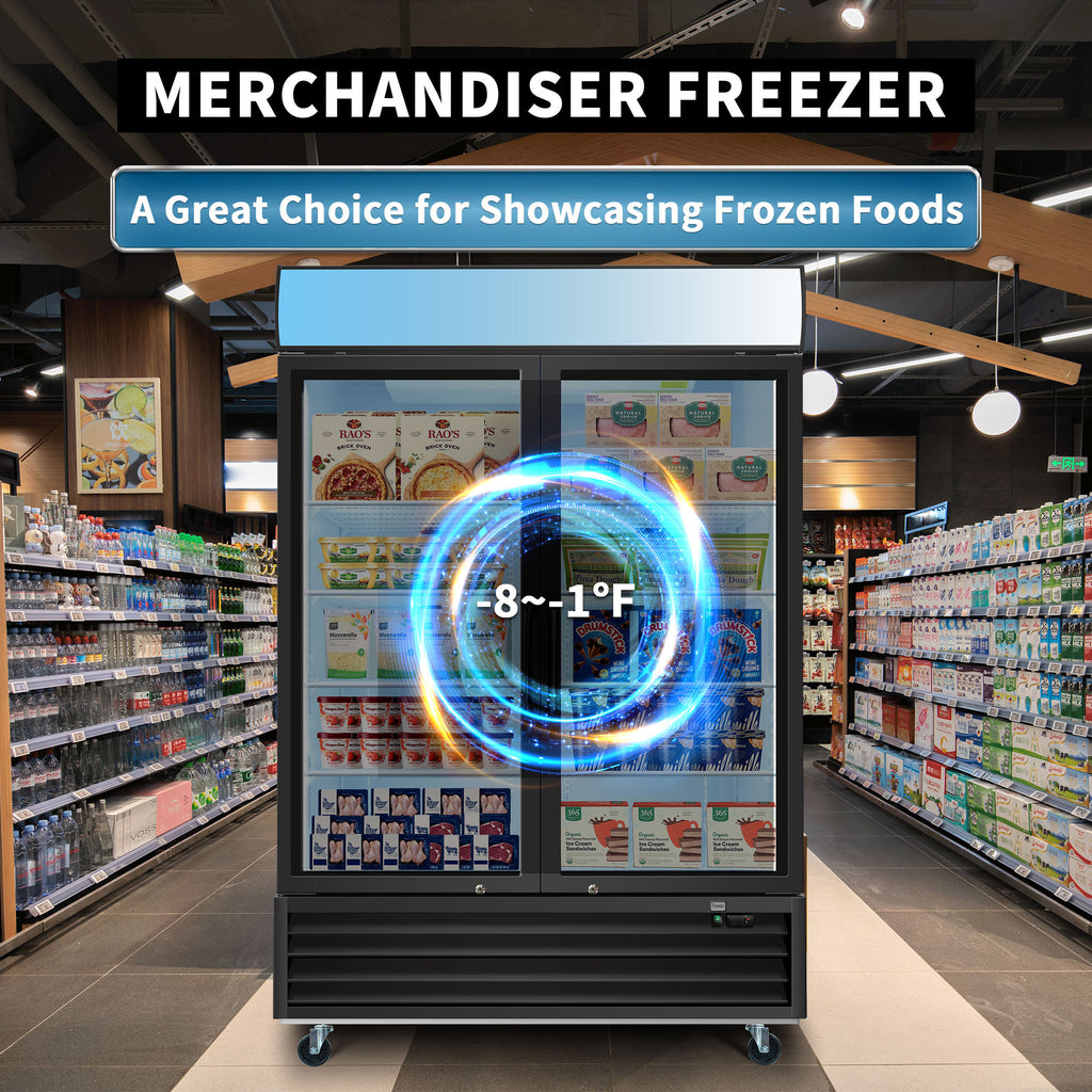 WURESE Glass Door Merchandiser Freezer 44.7 Cu.ft Swing Door Commercial Reach-In Display Freezers with LED Top Panel Upright Freeze Storage