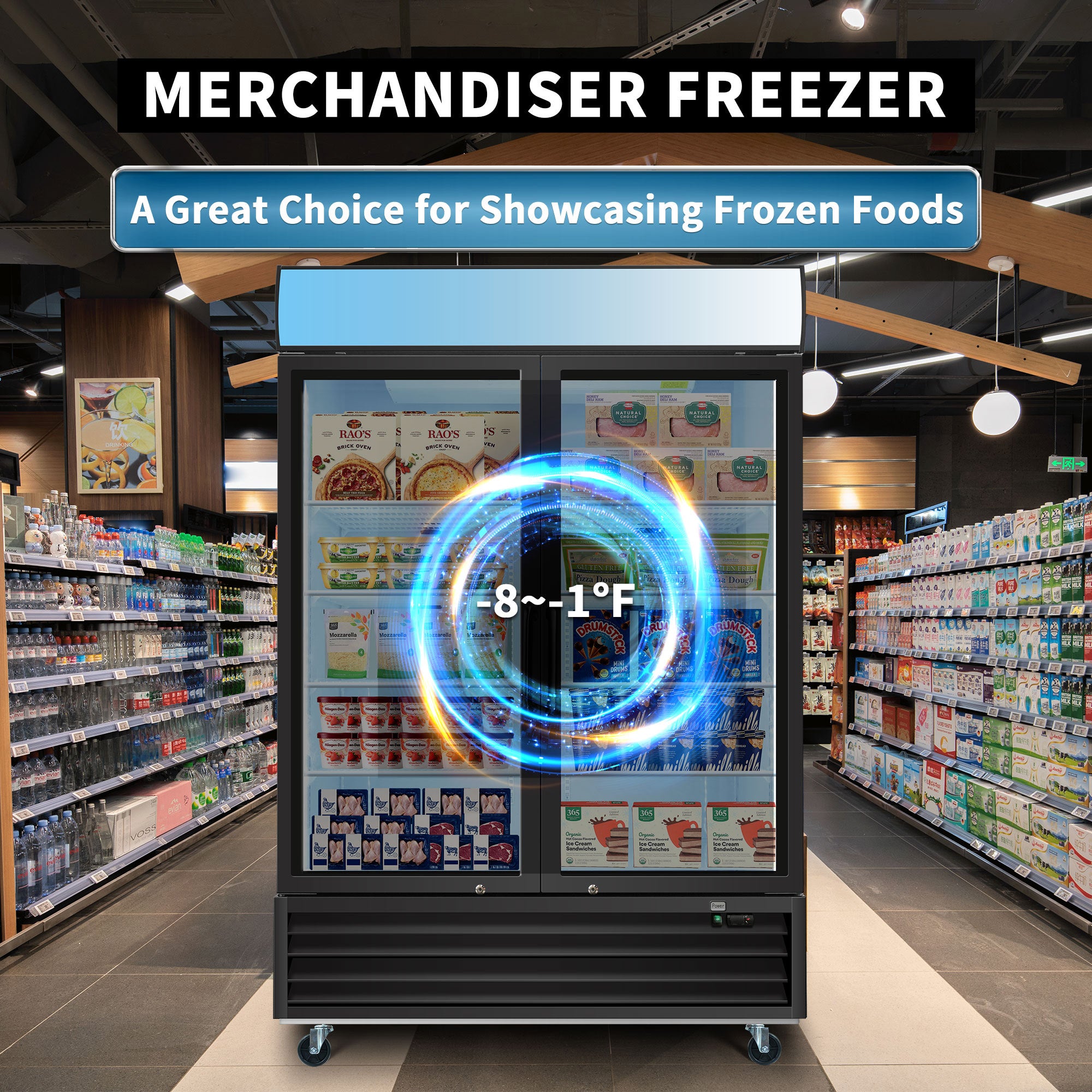 WURESE Glass Door Merchandiser Freezer 44.7 Cu.ft Swing Door Commercial Reach-In Display Freezers with LED Top Panel Upright Freeze Storage