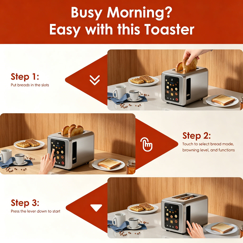 WHALLSE Touch Screen Toaster 2 Slice, 1.5'' Wide Slot Stainless Steel Toasters with Digital Timer, 6 Bread Types & 6 Shade Settings, Crumb Tray