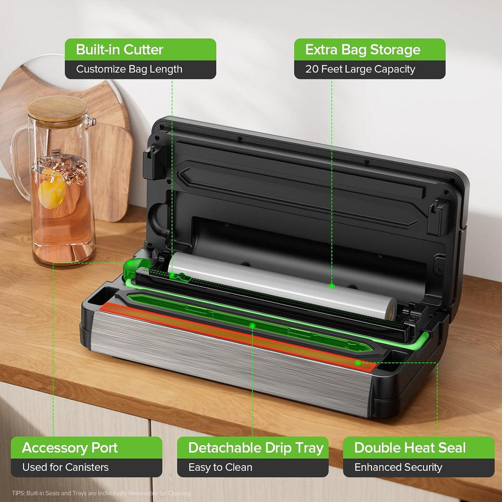 WURESE Double-Pump Vacuum Sealer, 95kPa 24L/min Suction, Versatile Modes for Dry/Moist/Delicate Foods, Built-in Cutter, LCD Touch, Bags & Hose Included