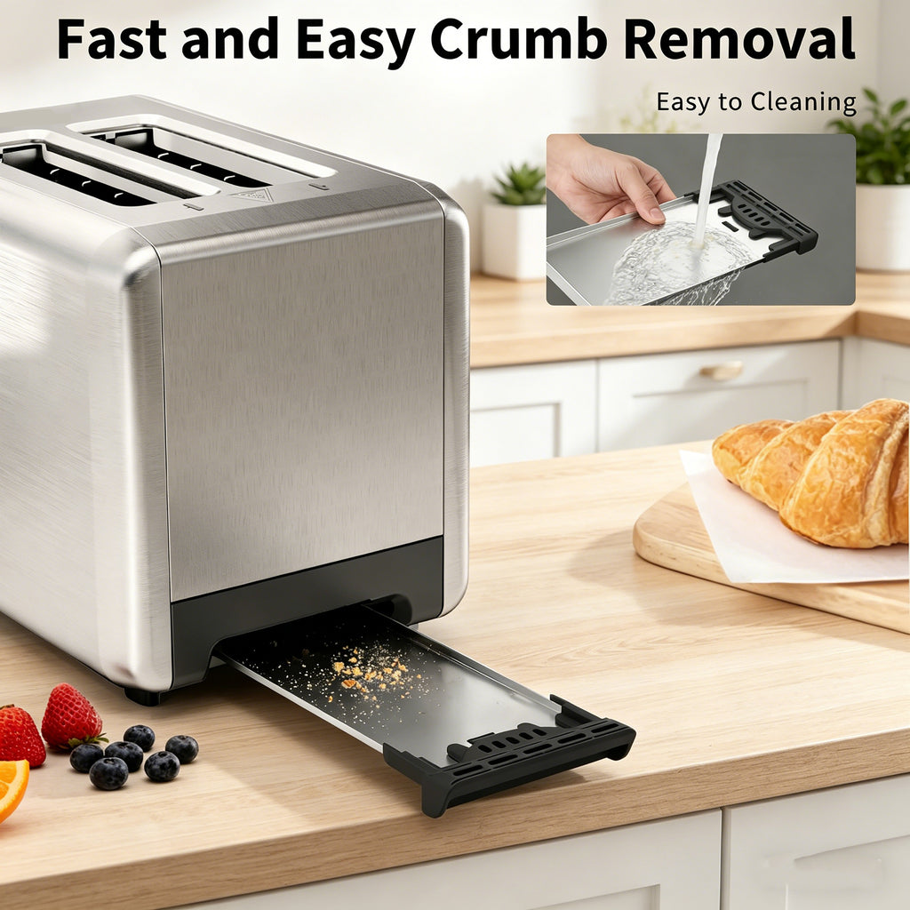 WHALLSE Toaster 2 slice, 6 Bread Shade Settings,Stainless Steel Toasters with Bagel,Cancel,Defrost Function,Removable Crumb Tray,sliver
