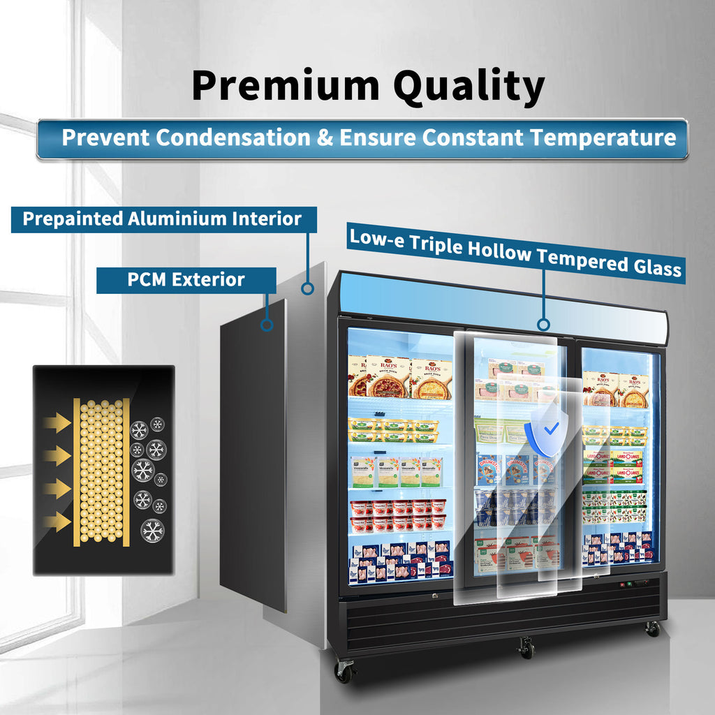 WURESE Glass Door Merchandiser Freezer 70 Cu.ft Swing Door Commercial Reach-In Display Freezers with LED Top Panel Upright Freeze Storage