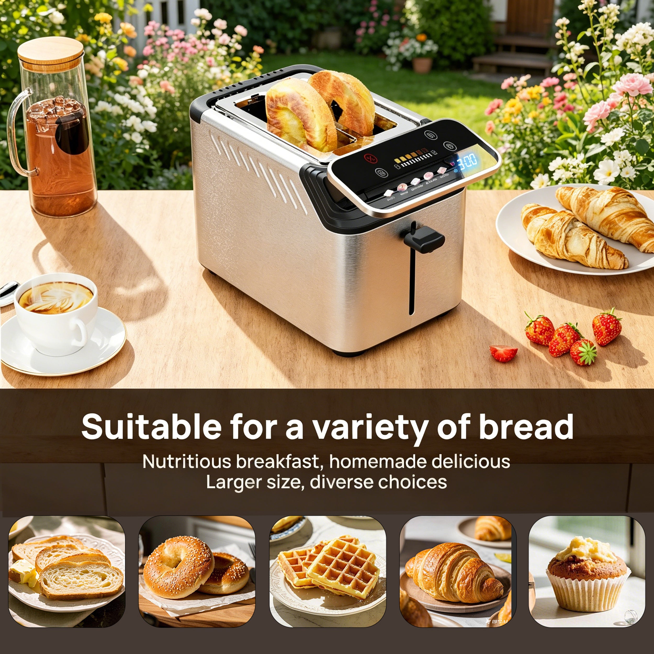 WHALLPRO Stainless Steel 2-Slice Smart Toaster with Touchscreen, Digital Timer, Extra-Wide Slots, Defrost/Reheat/Bread Type Functions, Warming Rack