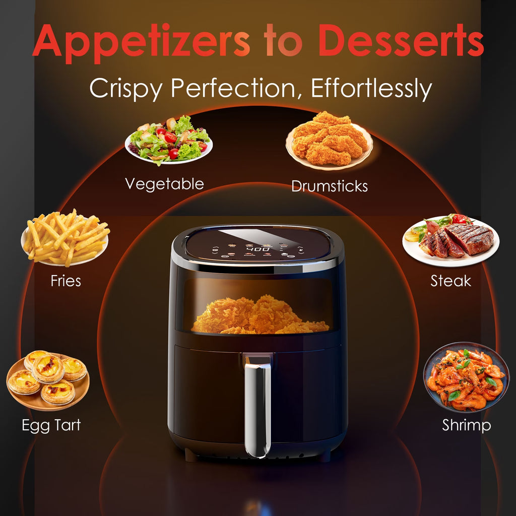WHALLPRO Compact 4.2QT Air Fryer, 9-in-1 with Smart Digital Color Touch Screen Air Fryers, View Window,Vortex Heating Technology